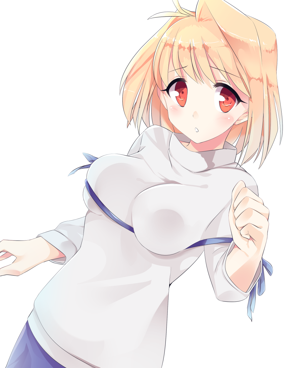 antenna_hair arcueid_brunestud blue_ribbon breasts commentary_request female going_9240 hair_intakes highres impossible_clothes impossible_sweater large_breasts parody rei_no_himo ribbon solo sweater tsukihime turtleneck