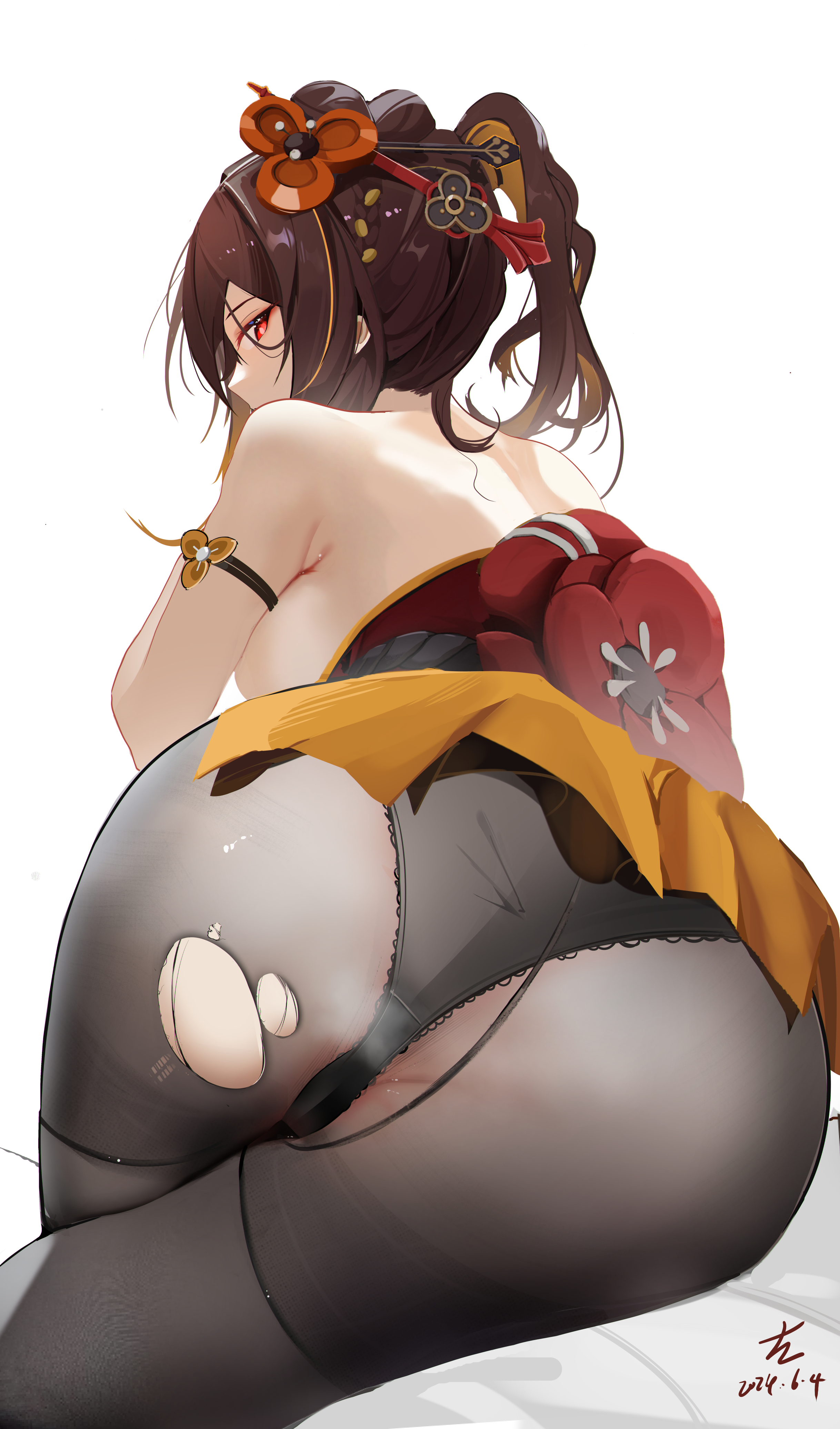 absurdres, arm strap, ass, black panties, black pantyhose, breasts, brown hair, chiori (genshin impact), commentary request, dated, drill hair, drill ponytail, female, genshin impact, hair ornament, hair stick, highres, japanese clothes, long hair, looking at viewer, looking back, medium breasts, panties, panties under pantyhose, pantyhose, red eyes, red sash, sabou san-shitsu kokoro, sash, sideboob, signature, skirt, solo, topless, torn clothes, torn pantyhose, underwear, white background, yellow skirt