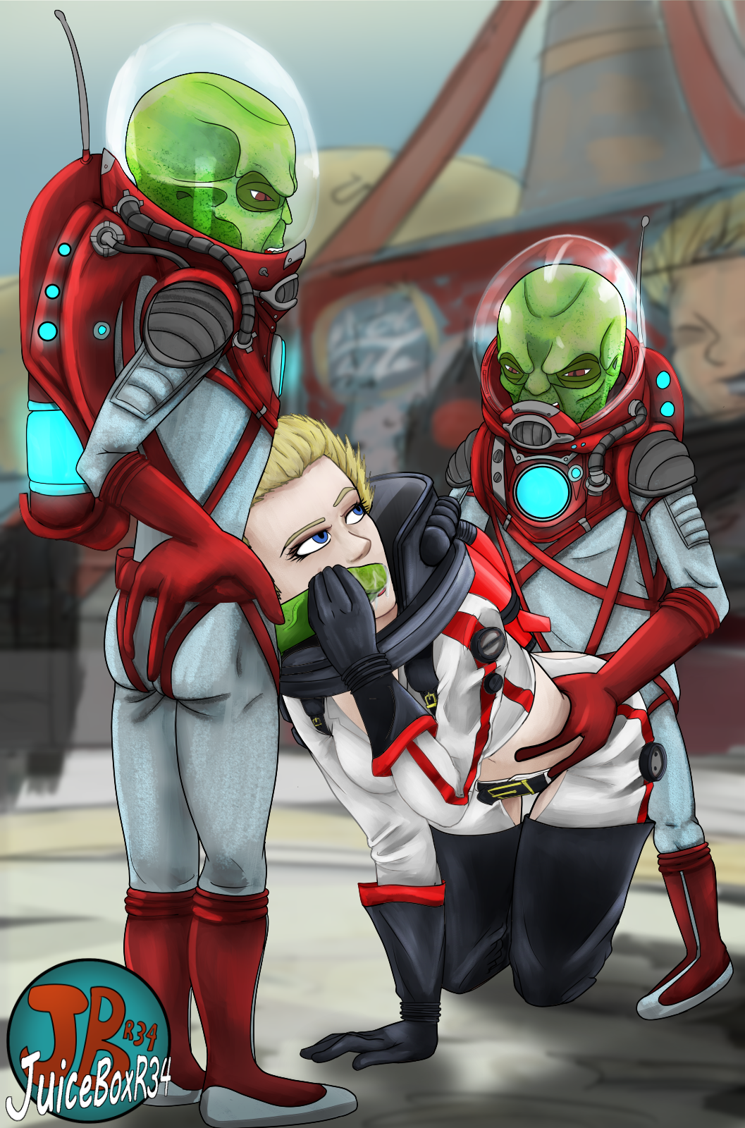 2boys1girl alien alien/human alien_humanoid ambiguous_penetration background bethesda_softworks black_boots black_gloves blonde_hair blue_eyes boots clothed_female clothed_sex doggy_style fallout fallout_4 gloves handjob interspecies juiceboxr34_(artist) kneeling nuka_girl on_hands_and_knees short_hair spacesuit stroking_penis thigh_boots thigh_highs thighhighs uncensored zetan zetans