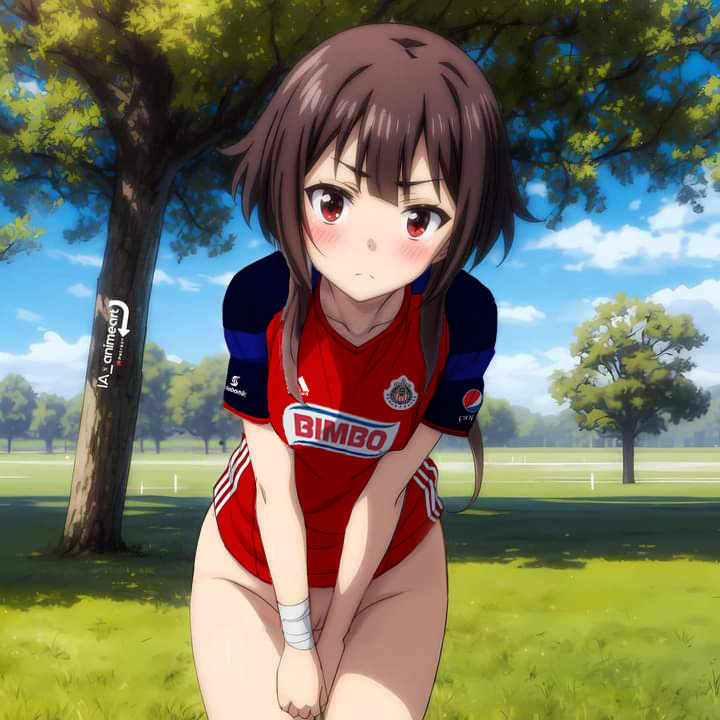 adidas ai_generated bimbo_(bakery) bottomless brown_hair club_deportivo_guadalajara embarrassed grupo_bimbo kono_subarashii_sekai_ni_shukufuku_wo! looking_at_viewer megumin nekom14 no_panties pepsi public pussy red_eyes short_hair soccer_jersey