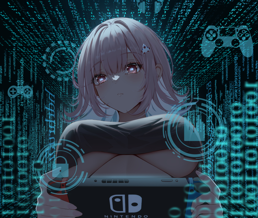 1girls absurd_res alternate_costume breasts controller crop_top danganronpa danganronpa_2:_goodbye_despair detailed hair_intakes handheld_game_console highres holding large_breasts medium_hair nanami_chiaki nintendo_switch pink_eyes pink_hair qiyuan_yingluo shirt solo solo_female underboob upper_body