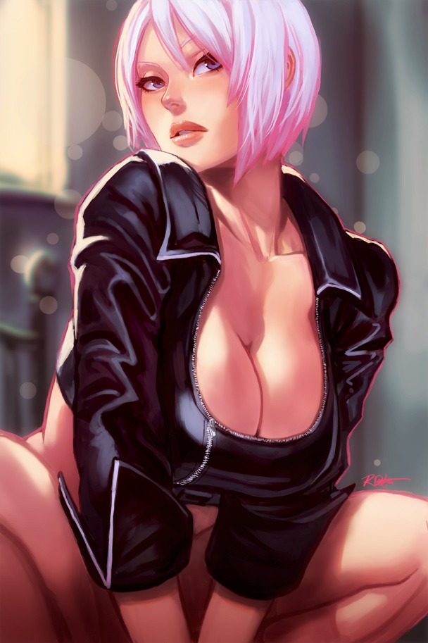 angel_(kof) blue_eyes breasts cleavage female female_only human jacket kasai_x3 king_of_fighters large_breasts lejeanx3 no_panties pink_hair short_hair snk solo squatting