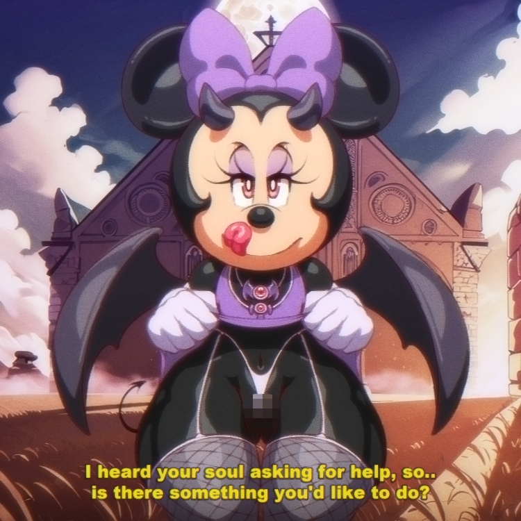 accessory angelauxes anthro bat_(shape) bat_accessory bat_neck_accessory bedroom_eyes big_ears black_body black_fur black_hair black_horn black_nose bow_(feature) bow_ribbon censored censored_genitalia censored_pussy church clothed clothing clothing_lift cloud demon disney eyelashes female fishnet_clothing fishnet_leggings fishnet_legwear flat_chest flat_chested forked_tail full_moon fur furry garter_belt_leggings garter_straps gem gloves grass hair hair_accessory hair_ribbon hairbow handwear horn jewelry leggings legwear licking licking_lips light light_beam long_eyelashes looking_at_viewer mammal membrane_(anatomy) membranous_wings minnie_mouse moon mosaic_censorship mouse murid murine narrowed_eyes navel necklace offering_sex offering_to_viewer pantsless pink_eyes plant purple_accessory purple_clothing purple_gloves purple_handwear purple_shirt purple_tank_top purple_topwear questioning ribbons rock rodent rubble seductive shadow shirt shirt_lift small_breasts solo sunbeam sundown sunlight sunset tail tan_body tan_skin tank_top text thick_thighs thong tongue topwear twilight underwear unusual_anatomy unusual_tail wings