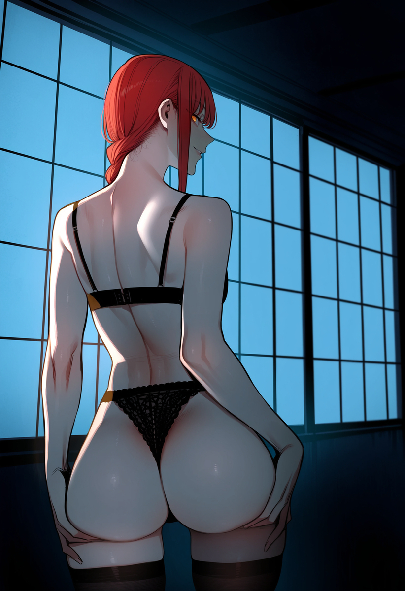 1girls, ai generated, ass, back view, black bra, black panties, black thighhighs, bra, chainsaw man, female, female only, hands on ass, hands on own ass, makima (chainsaw man), panties, red hair, solo, thighhighs, zloimakak