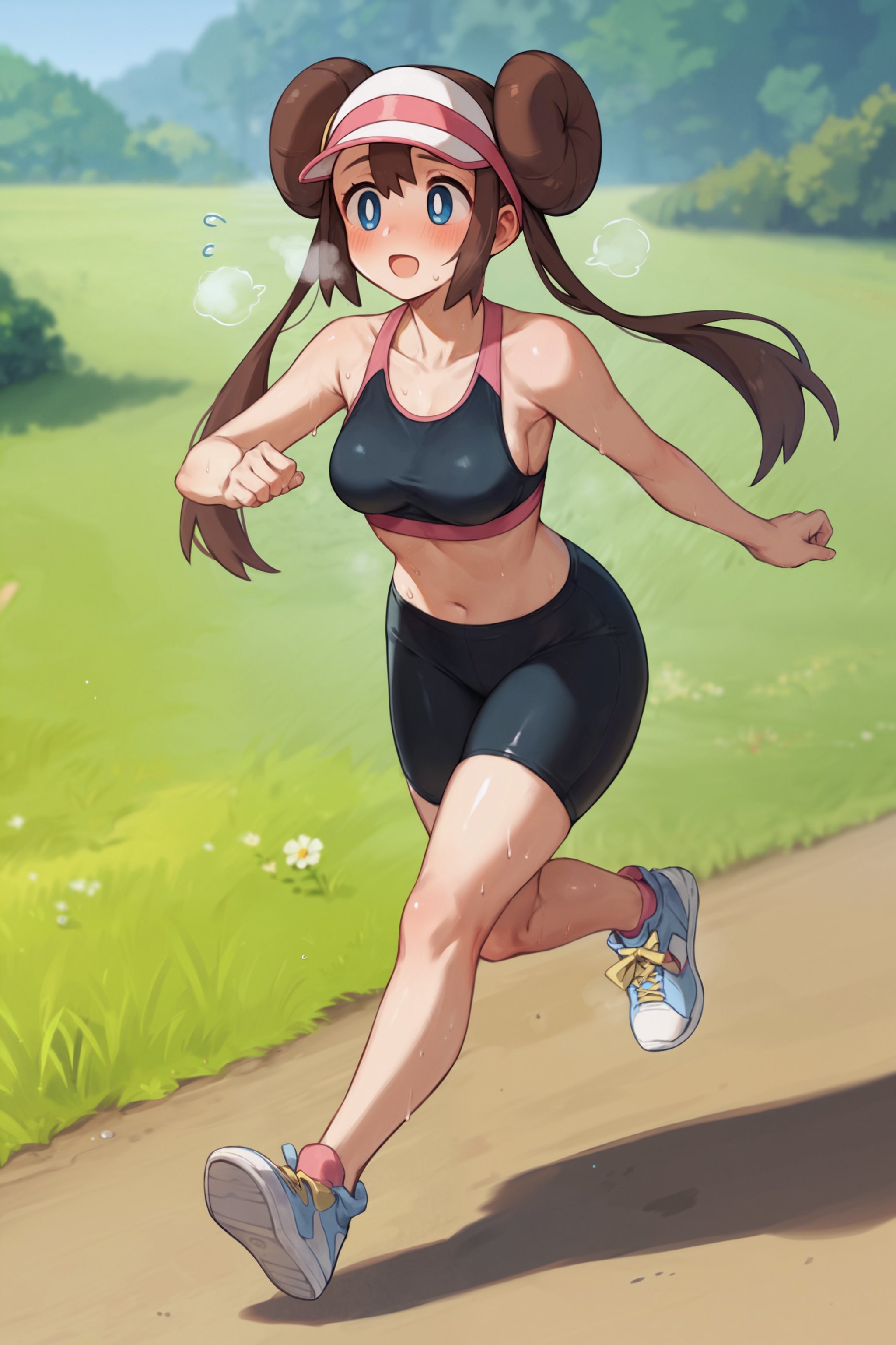ai generated, aimoonshine, alternate costume, bike shorts, black bra, black shorts, blue eyes, blurry background, blush, breasts, brown hair, double bun, exercise, female, flower, flying sweatdrops, full body, grass, gym uniform, heavy breathing, jogging, long hair, medium breasts, midriff, nintendo, open mouth, outdoors, paid reward available, path, pokemon, pokemon bw2, rosa (pokemon), running, scenery, shiny clothes, shiny skin, shoes, sideboob, sneakers, sports bra, sportswear, sweat, thick thighs, tree, visor cap