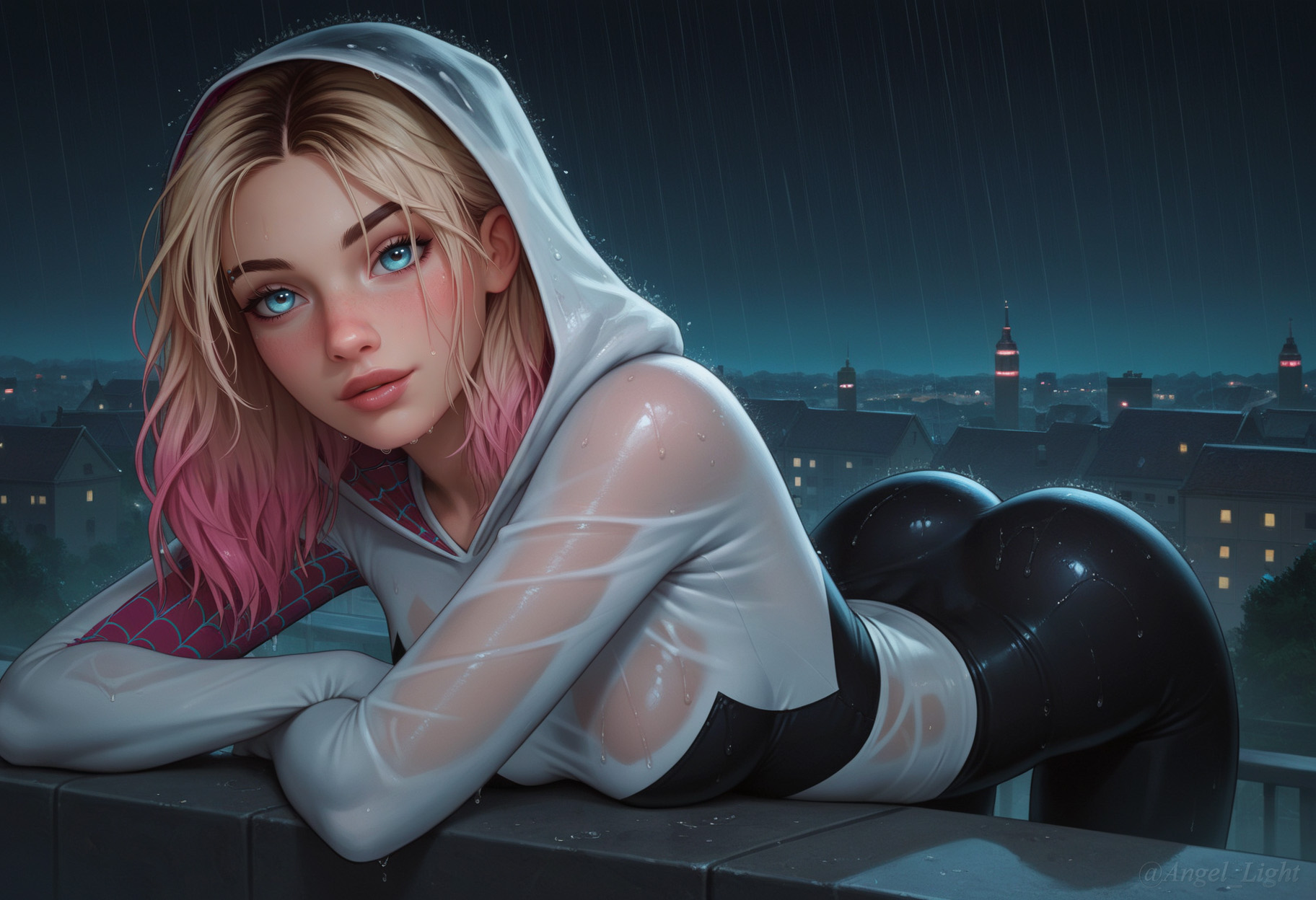1girls, ai generated, angel light, angel light (artist), ass, blonde hair, blue eyes, disney, female, gwen stacy, gwen stacy (spider-verse), marvel, marvel comics, multicolored hair, spider-gwen, spider-man (series), spider-man: across the spider-verse, suit, thigh gap, wet