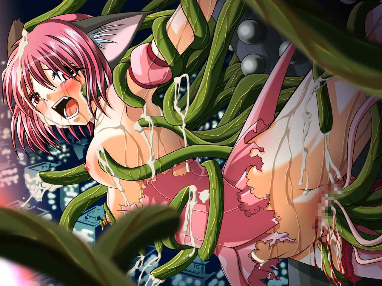 1girls blood blush breasts censored clothing cum cum_in_pussy cum_inside cum_on_body cum_on_breasts cum_on_face female green_tentacles ichigo_momomiya impregnation mew_ichigo mosaic_censoring nipples open_mouth penetration pink_eyes pink_hair pussy quintuple_penetration quintuple_vaginal rape restrained short_hair spread_legs suspension tears tentacle tokyo_mew_mew torn_clothes unwanted_impregnation vaginal_penetration virgin virginal_blood