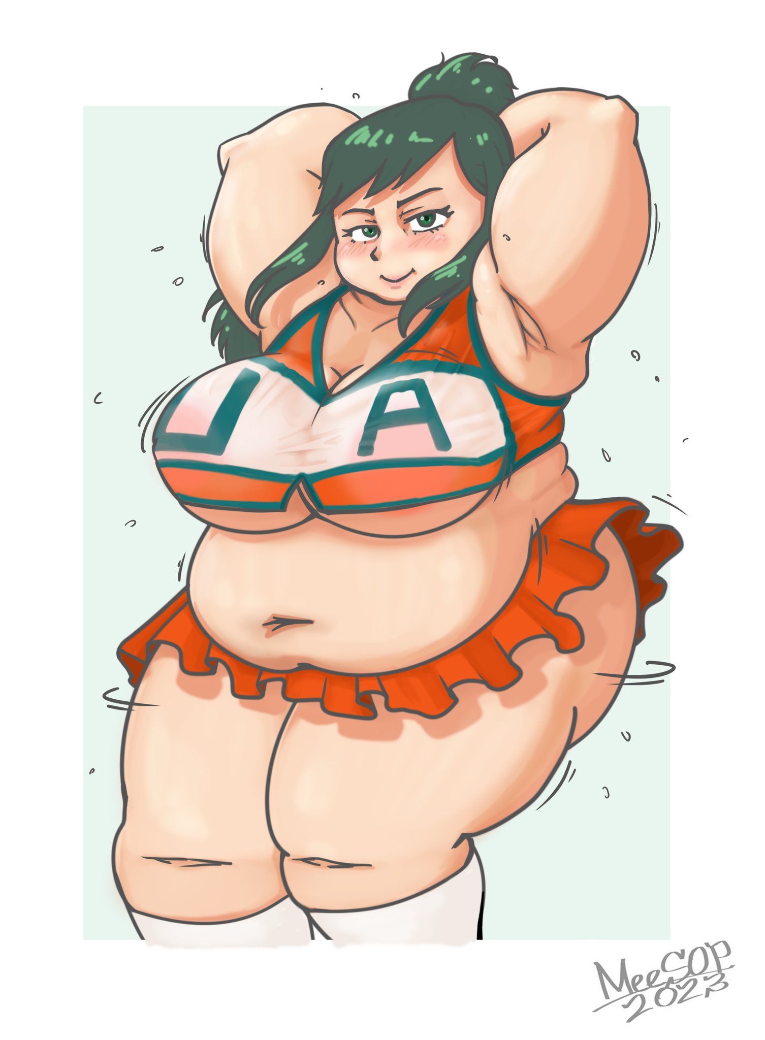1girls, armpits, arms behind back, artist name, artist signature, ass, bbw, bedroom eyes, big ass, big breasts, blush, breasts, cheerleader, cheerleader uniform, chubby, chubby female, fat, female, female only, geometric background, green eyes, green hair, inko midoriya, light skin, light-skinned female, long hair, looking at viewer, mature female, meesop, milf, motion lines, my hero academia, nipples, orange clothing, overweight female, pink nipples, ponytail, smooth skin, sweatdrop, thick thighs, tied hair, visible nipples, white background