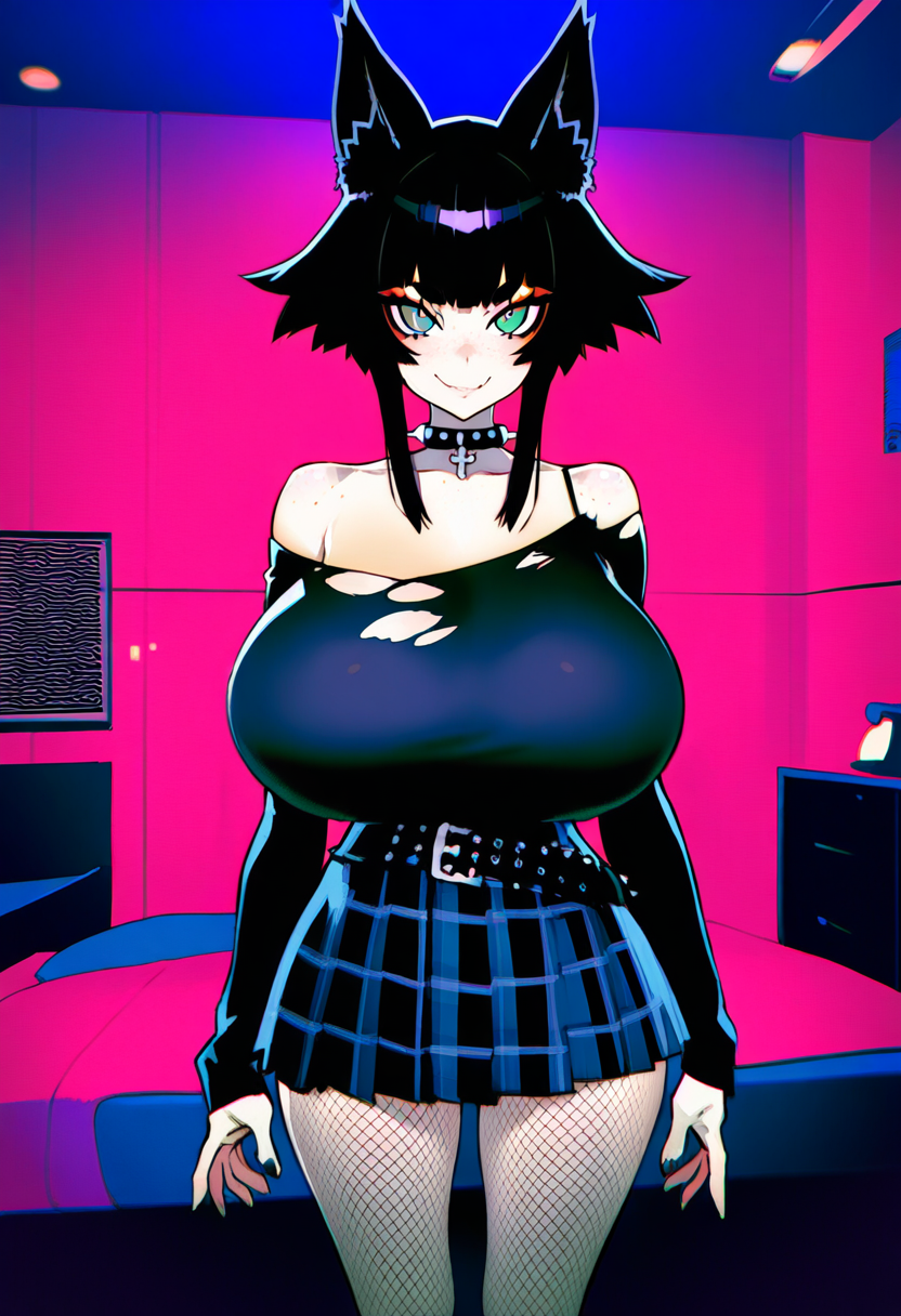 ai_generated arcadiasofka belt black_hair black_top chains collar collarbone cross fishnets gigantic_breasts green_eyes legs_crossed looking_at_viewer short_hair skirt smile spiked_collar standing thighhighs thighs wolf_ears