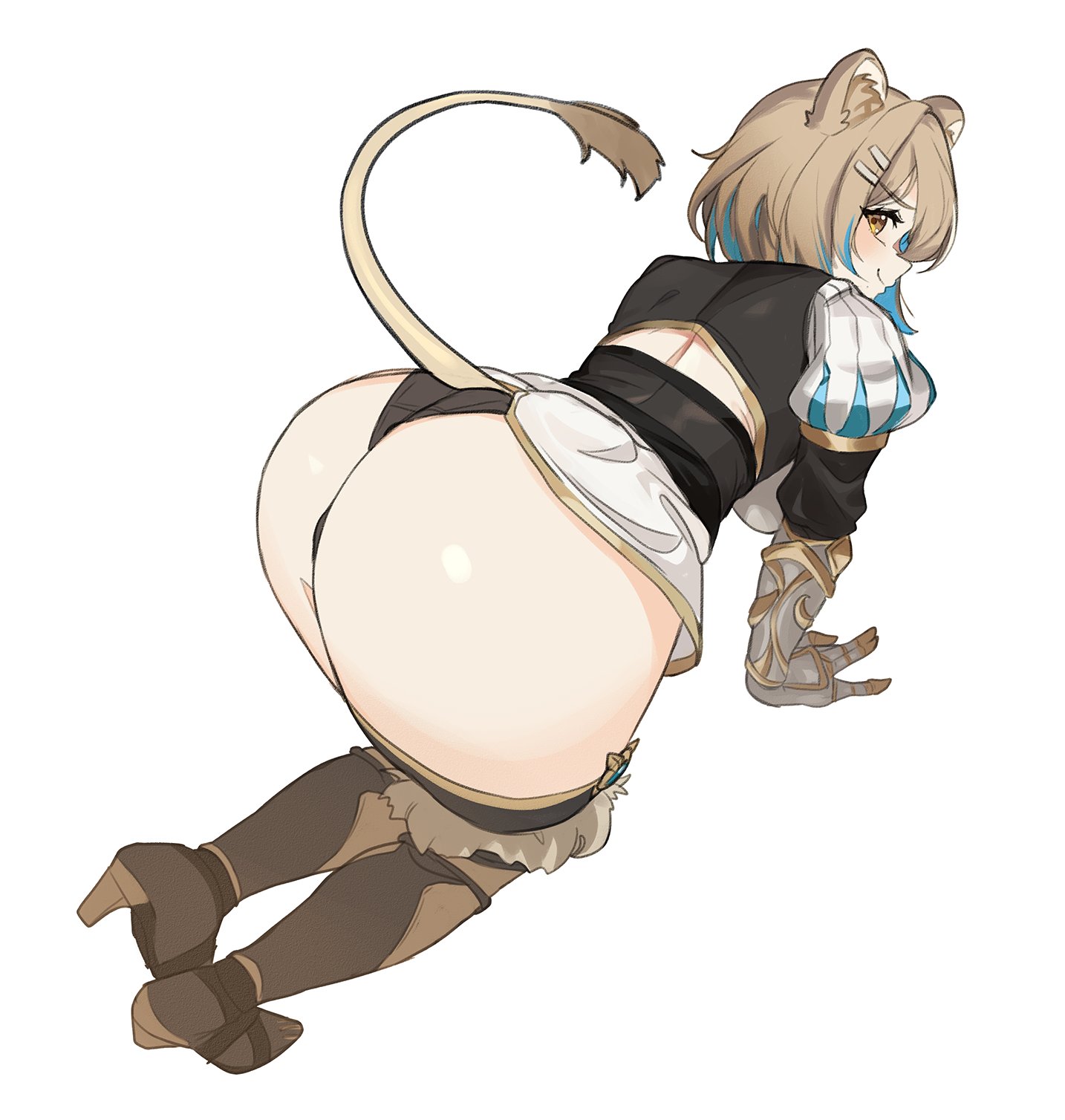1girls, all fours, blush, exposed ass, female, fully clothed, hazumi aileen, lion ears, lion girl, short hair, smiling, thernz, virtual youtuber
