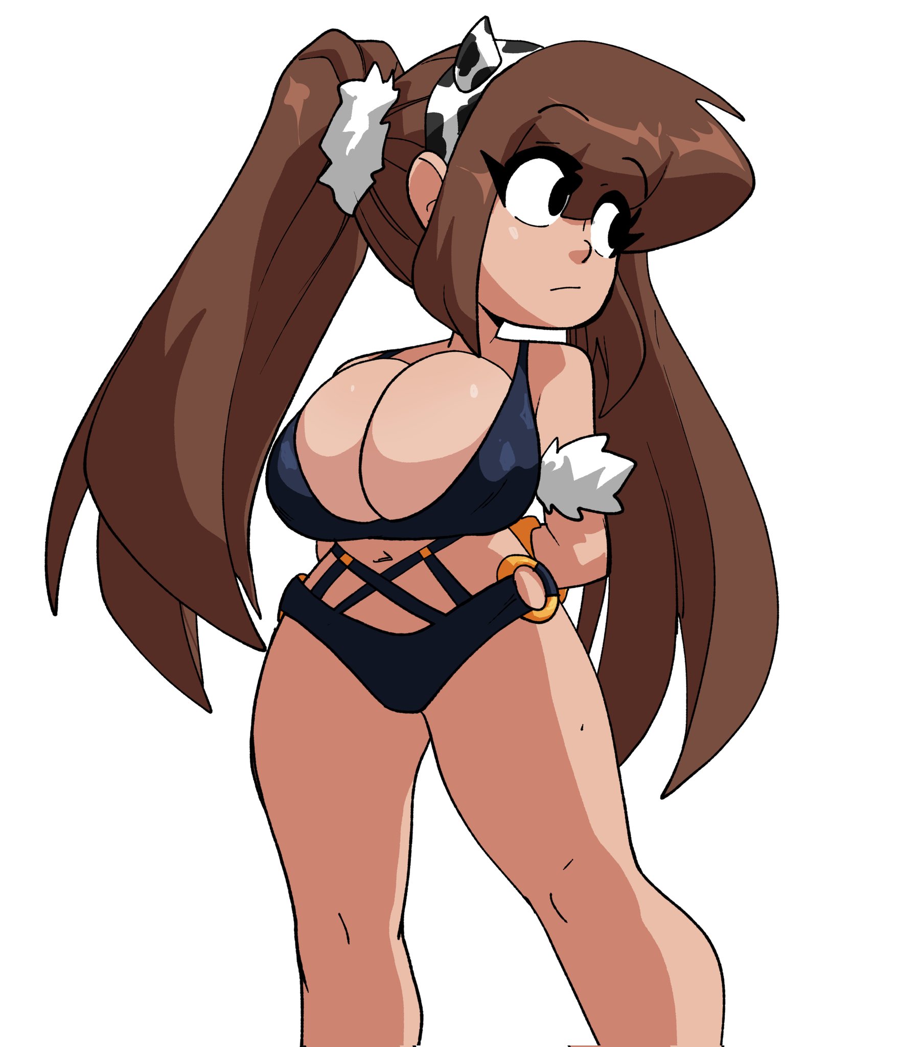1girls, belly button, big breasts, bikini, bikini bottom, bikini top, breasts, brown hair, busty, coolerinker, cow headband, cow print, female, inker comics, inkershike, mona (inker comics), o-ring bottom, original, pinup, solo, thick thighs, thighs, twintails