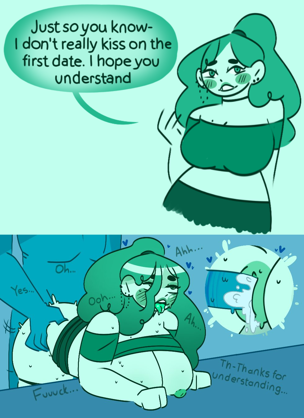 blush cum_in_pussy dialogue green_eyes green_hair green_skin instant_loss_2koma lifted_shirt moaning rejection text text_bubble tongue_out underanapkin unseen_male_face vaginal_penetration