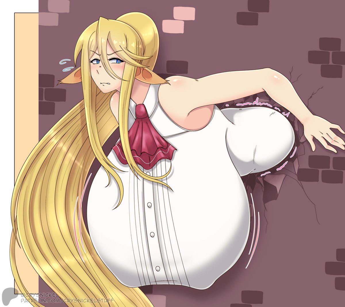 1girls big_breasts blonde_female blonde_hair breasts centaur centauress centorea_shianus crysnickel female female_focus female_only giant_breasts gigantic_breasts huge_breasts large_breasts massive_breasts monster_girl monster_musume monster_musume_no_iru_nichijou nipple_bulge nipples speech_bubble stuck_in_wall tagme