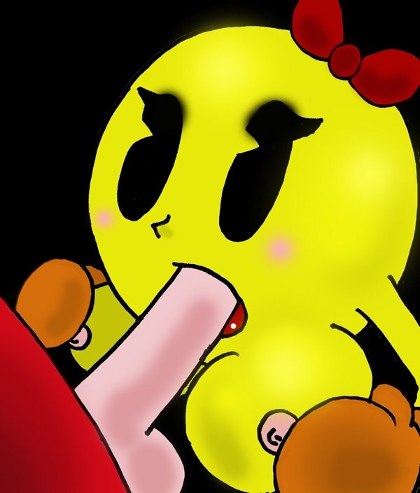 black_background black_eyes blinky blush breasts fellatio gloves hair_bow holding_breasts lipstick ms._pac-man namco nipples pac-man_(series) pink_penis red_lipstick red_ribbon simple_background waddling_head yellow_skin