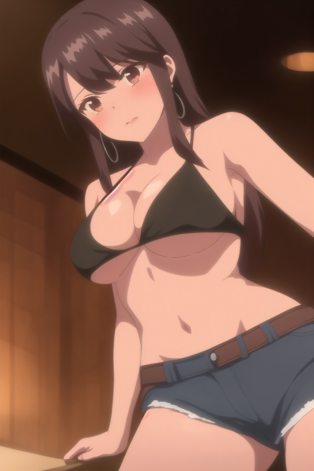 ai_generated big_boobs big_breast big_breasts black_bra blush blushing bra brown_eyes brown_hair brown_hair_female denim_shorts huge_breast huge_breasts ikazuchi_riko large_breast large_breasts secret_mission_sennyuu_sousakan_wa_zettai_ni_makenai! short_shorts shorts