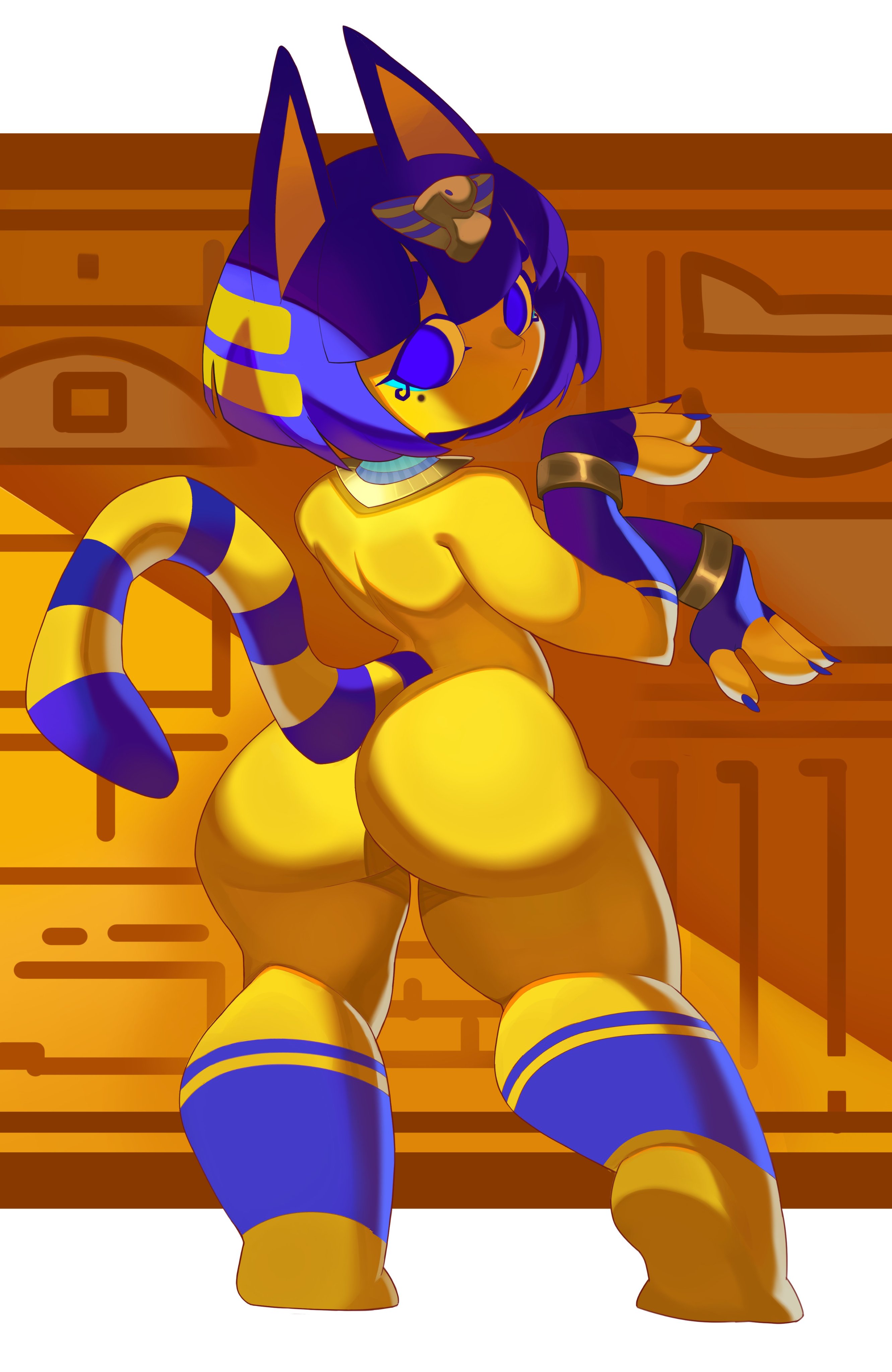 1girls, animal crossing, ankha, ankha (animal crossing), ass, big ass, big butt, blue eyes, blue hair, bubble ass, bubble butt, female, female focus, female only, large ass, large butt, roxy thefoxy, solo, solo female, solo focus, yellow body, yellow fur
