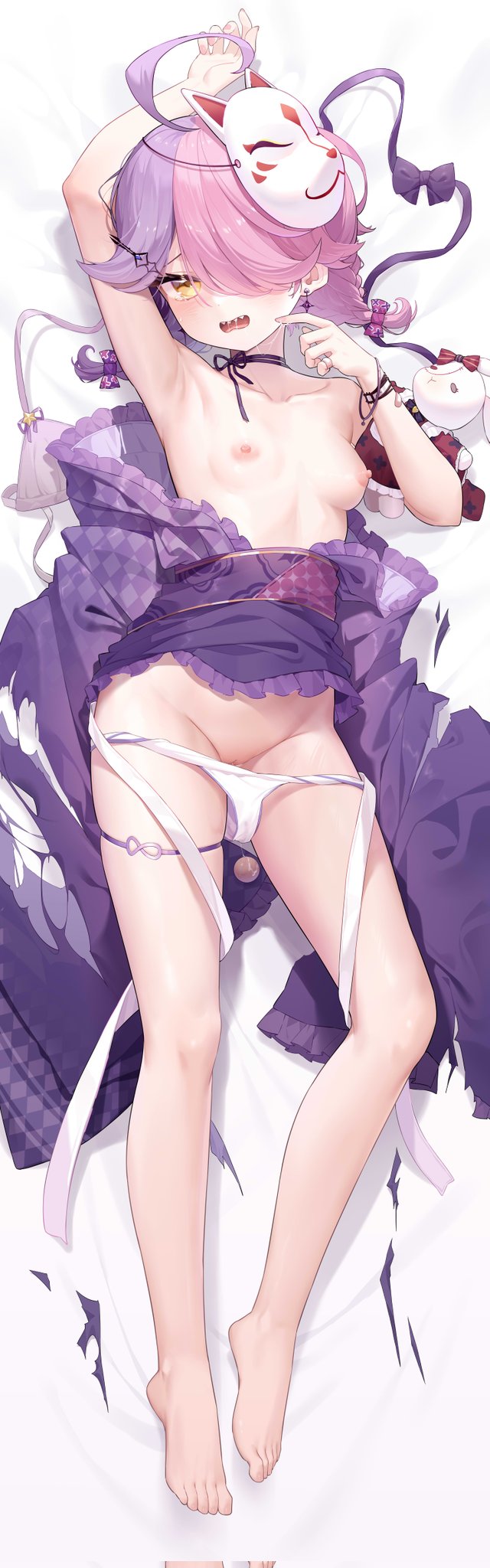 ahoge argyle_clothes argyle_kimono arm_up ass_visible_through_thighs barefoot benghuai_xueyuan bow breasts cleft_of_venus commentary_request corrupted_twitter_file dakimakura_design female fox_mask frilled_kimono frills full_body groin hair_over_one_eye highres honkai_(series) japanese_clothes kimono long_hair mask mask_on_head multicolored_hair navel nipples panties panty_pull pink_hair pink_purple_hair purple_bow purple_hair pussy pussy_juice saliva saliva_trail sharp_teeth sin_mal sin_mal0909 small_breasts solo stuffed_animal stuffed_rabbit stuffed_toy teeth torn_clothes torn_kimono two-tone_hair uncensored underwear unworn_clothes wavy_mouth white_panties yellow_eyes