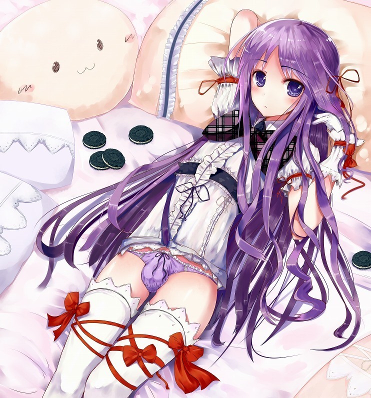 1boy crossdressing happiness human jun_watarase male male_only nabisco oreo penis penis_in_panties purple_eyes purple_hair solo trap