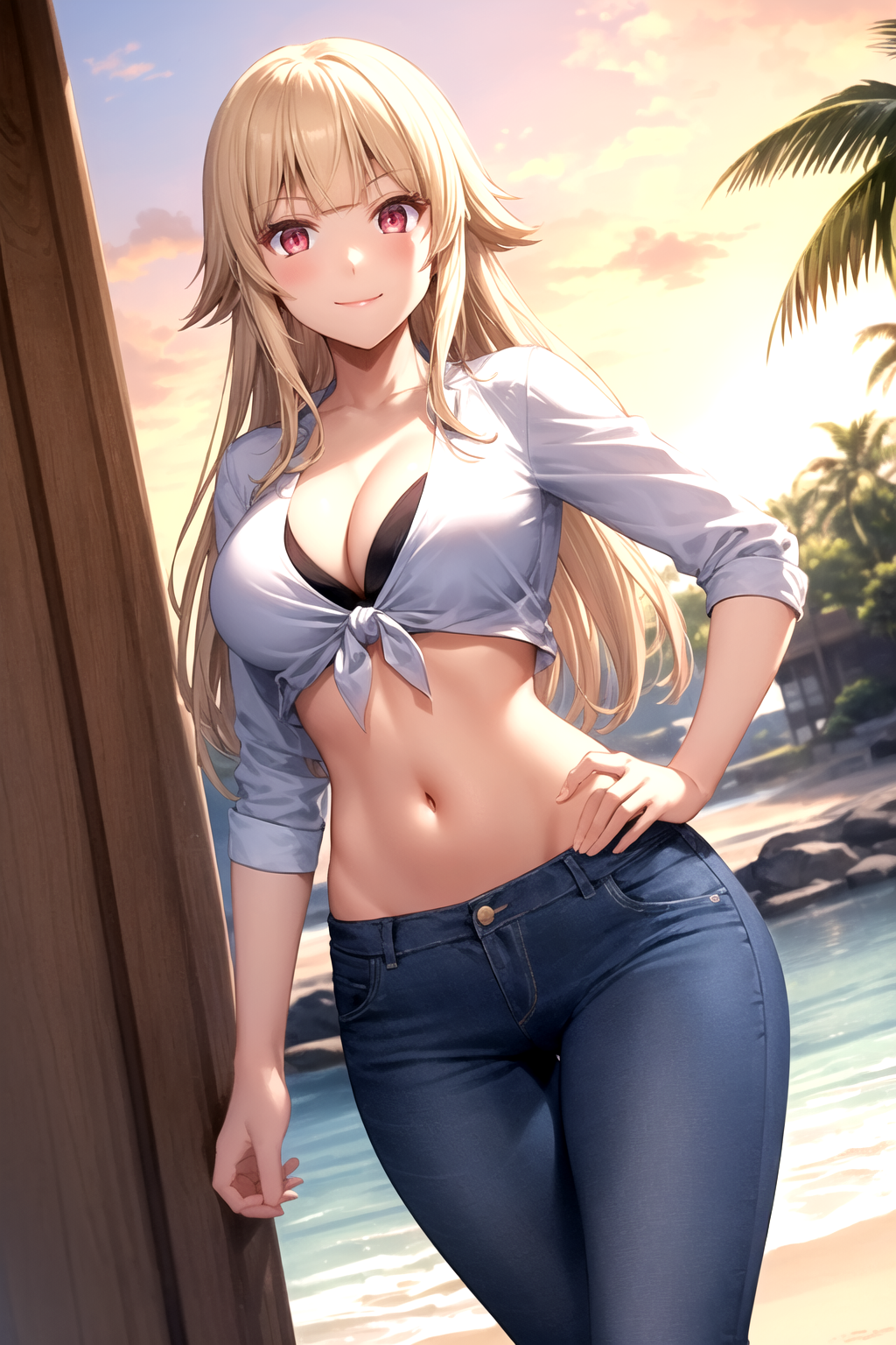 1girl ai_generated beach bikini black_bikini black_bra blonde_hair blue_pants blush bra breasts cleavage closed_mouth cloud collarbone collared_shirt cowboy_shot crop_top denim dutch_angle female front-tie_top gokukoku_no_brynhildr hand_on_own_hip jeans large_breasts long_hair long_sleeves looking_at_viewer midriff navel ocean outdoors palm_tree pants pixiv red_eyes rena_aikawa_(pixiv_user) shirt sky sleeves_rolled_up smile solo stable_diffusion standing stomach sunset swimsuit tachibana_mina_(gokukoku_no_brynhildr) tagme tied_shirt tree water white_shirt