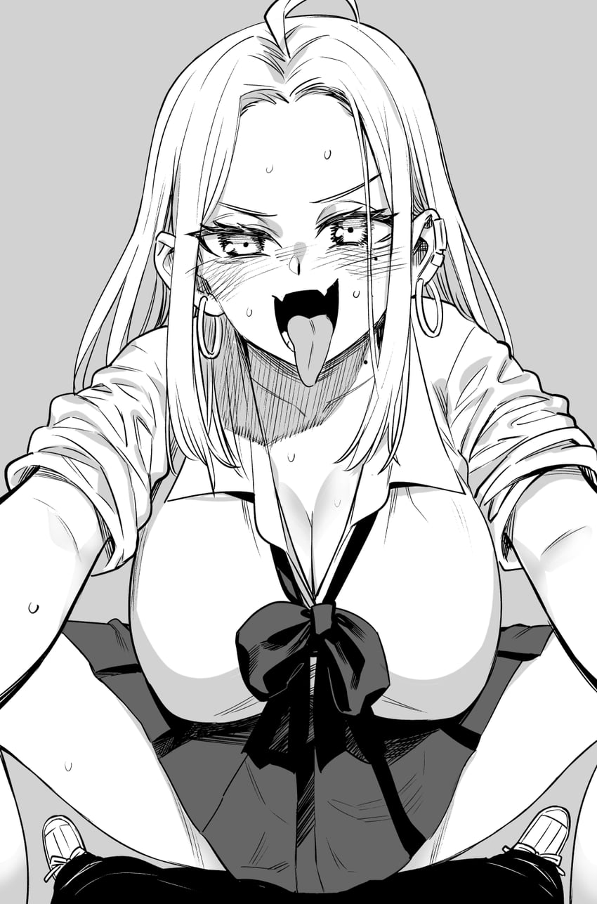 1boy 1girls 774_(nanashi) agawa_misaki big_breasts black_and_white blush collaboration cow_cow_cow_(artist) dare_demo_dakeru_kimi_ga_suki erection gotou japanese_school_uniform pov school_uniform skirt tagme tongue tongue_out white_hair