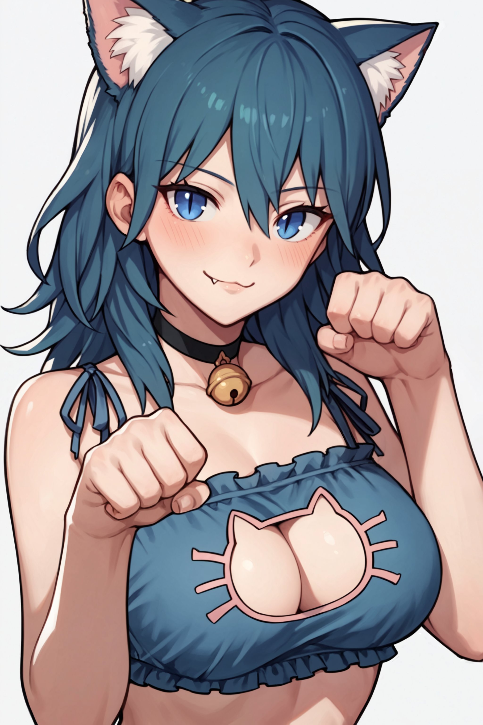 :3, 1girls, ai generated, aimoonshine, bandeau, blue bra, blue ears, blue eyes, blue hair, blush, breasts, byleth (fire emblem), byleth (fire emblem) (female), cat cutout, cat ears, cat girl, cat lingerie, choker, cleavage cutout, closed mouth, female, fingernails, fire emblem, fire emblem: three houses, frilled bra, hand up, inner ear fluff, jingle bell, large breasts, light smile, long hair, looking at viewer, meme attire, neck bell, oerba yun fang, paw pose, simple background, slit pupils, smile, solo, solo female, upper body, white background