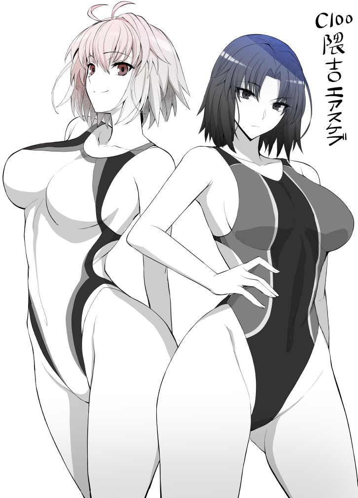 2girls ahoge arcueid_brunestud bare_shoulders blush breasts collarbone competition_swimsuit covered_navel greyscale highleg highleg_swimsuit kara_no_kyoukai kumakichi_(cost-lost) large_breasts looking_at_viewer monochrome multiple_girls one-piece_swimsuit parted_bangs ryougi_shiki short_hair smile swimsuit thighs tsukihime