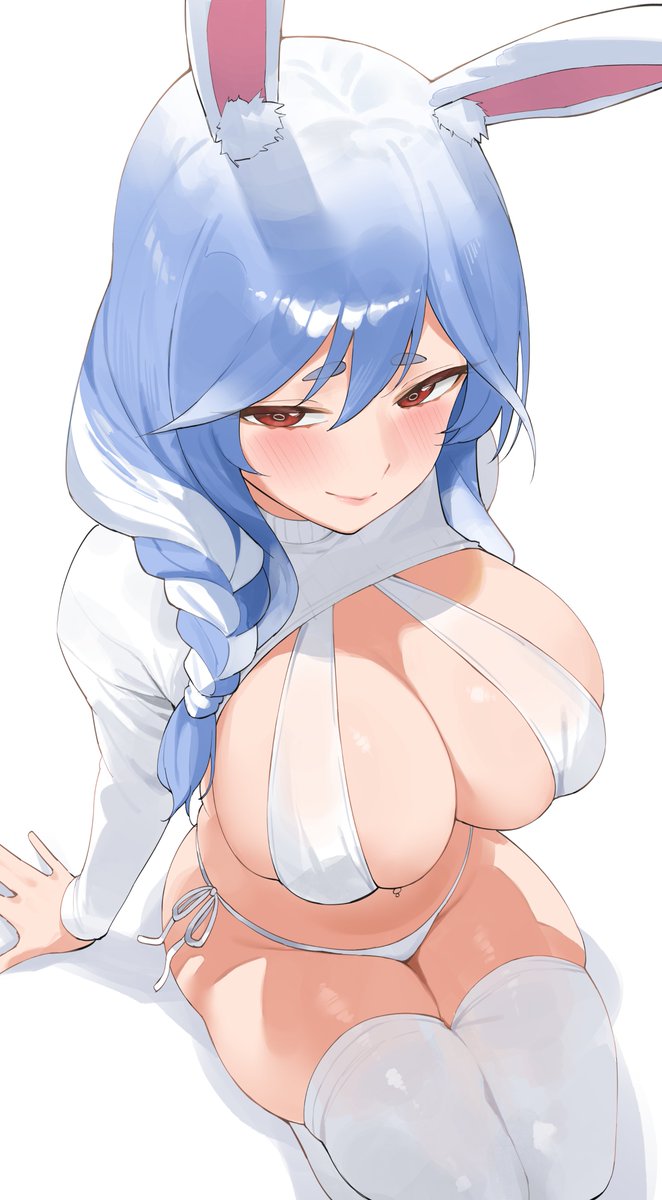 1girls blue_eyes breasts bunny_ears byeon_dha female female_only hololive hololive_fantasy hololive_japan large_breasts looking_at_viewer mature_female milf pekomama solo thighhighs thighs virtual_youtuber wide_hips