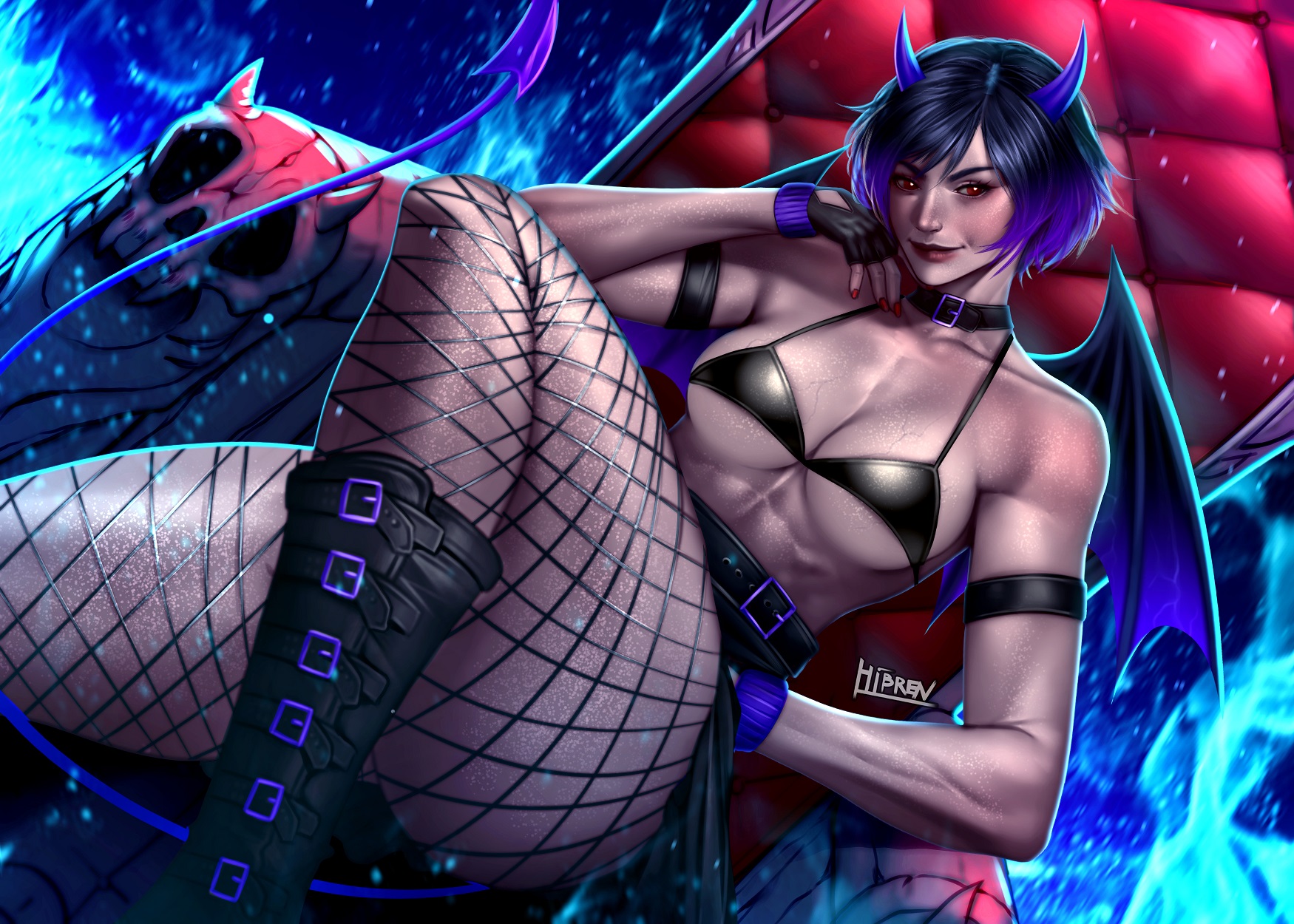 1girls, alternate breast size, athletic, athletic female, big breasts, black and purple hair, breasts, cleavage, demon horns, female, female abs, female only, fishnets, fit, fit female, hibren, namco, purple eyes, reina mishima, skimpy, smile, solo, tekken, tekken 8, tomboy