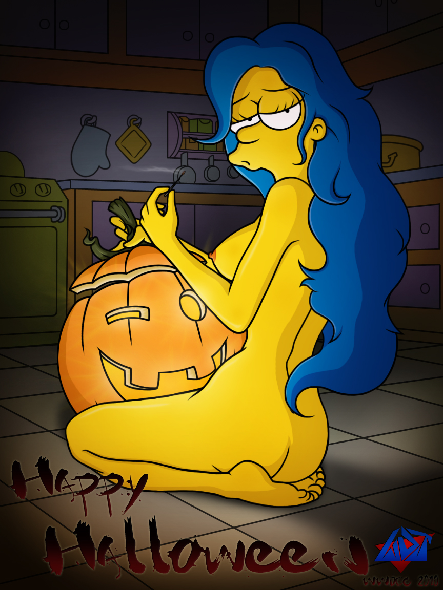 ass breasts color female female_only halloween human indoors jack-o'-lantern marge_simpson nipples nude pumpkin sitting solo tagme the_simpsons wdj