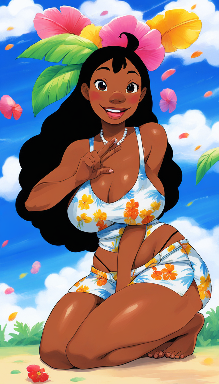 1girls abstract_background aged_up ai_generated beach black_hair brown_eyes dark-skinned_female disney human lilo_and_stitch lilo_pelekai necklace smile solo solo_female swimsuit visible_underwear