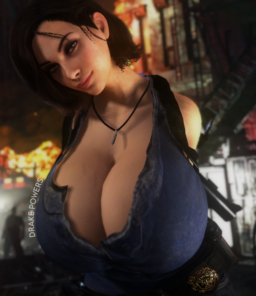 3d 3d_(artwork) 3d_model clothed drakepowers huge_breasts jill_valentine jill_valentine_(sasha_zotova) looking_at_viewer resident_evil resident_evil_3 smile virtamate