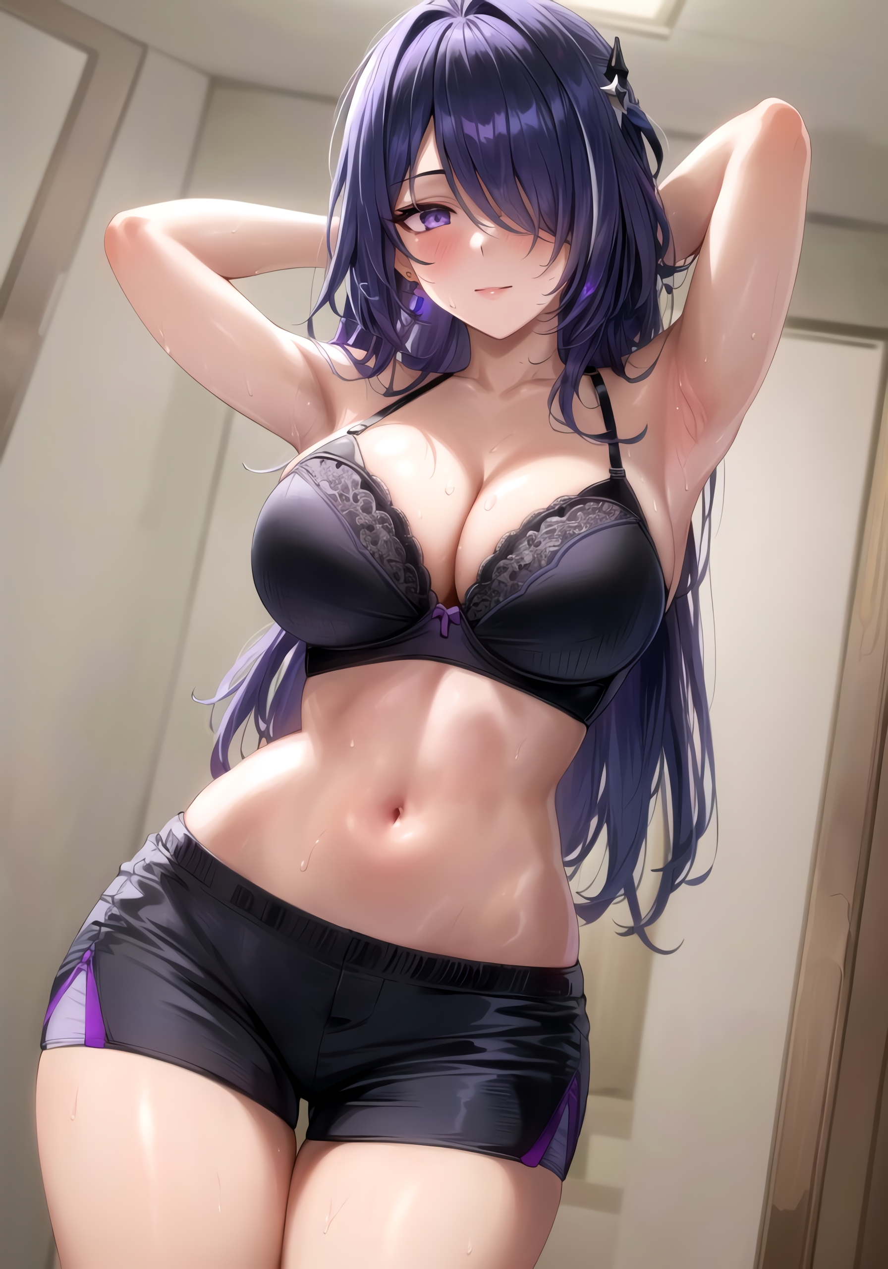 1girls, acheron (honkai: star rail), ai generated, armpits, arms behind head, arms up, big breasts, bra, breasts, commentary request, english commentary, female, female only, hair over one eye, hi res, high resolution, highres, honkai (series), honkai: star rail, hoyoverse, light skin, light-skinned female, long hair, long-haired female, looking at viewer, multicolored hair, rgreatlove, solo, solo female, tagme