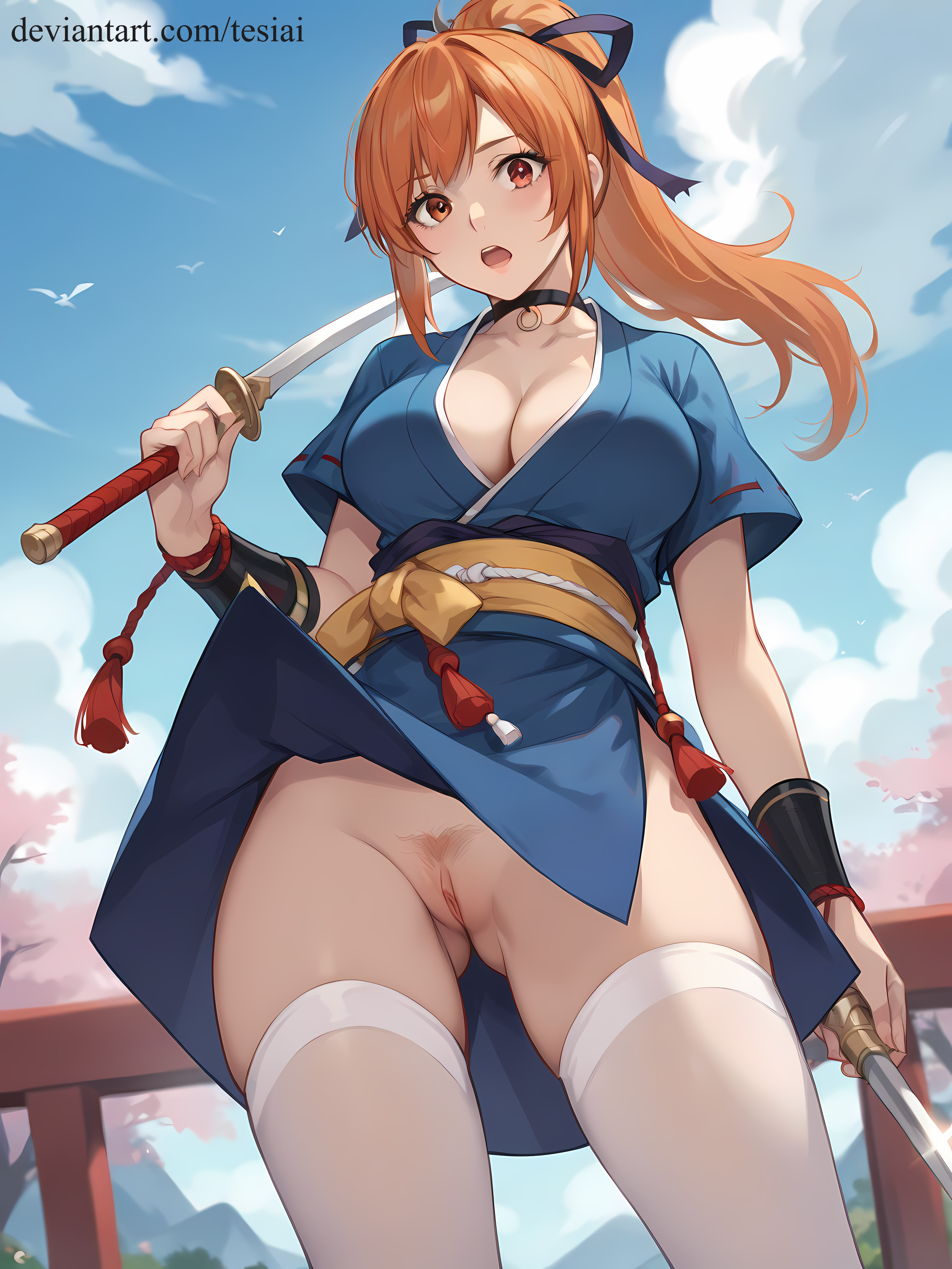 ai generated, artist name, cleavage, collar, dead or alive, female, hair ribbon, japanese clothes, kasumi (doa), kimono, looking at viewer, no panties, orange eyes, orange hair, ponytail, pubic hair, pussy, stockings, sword, tesiai, thighhighs, upskirt, weapon, web address