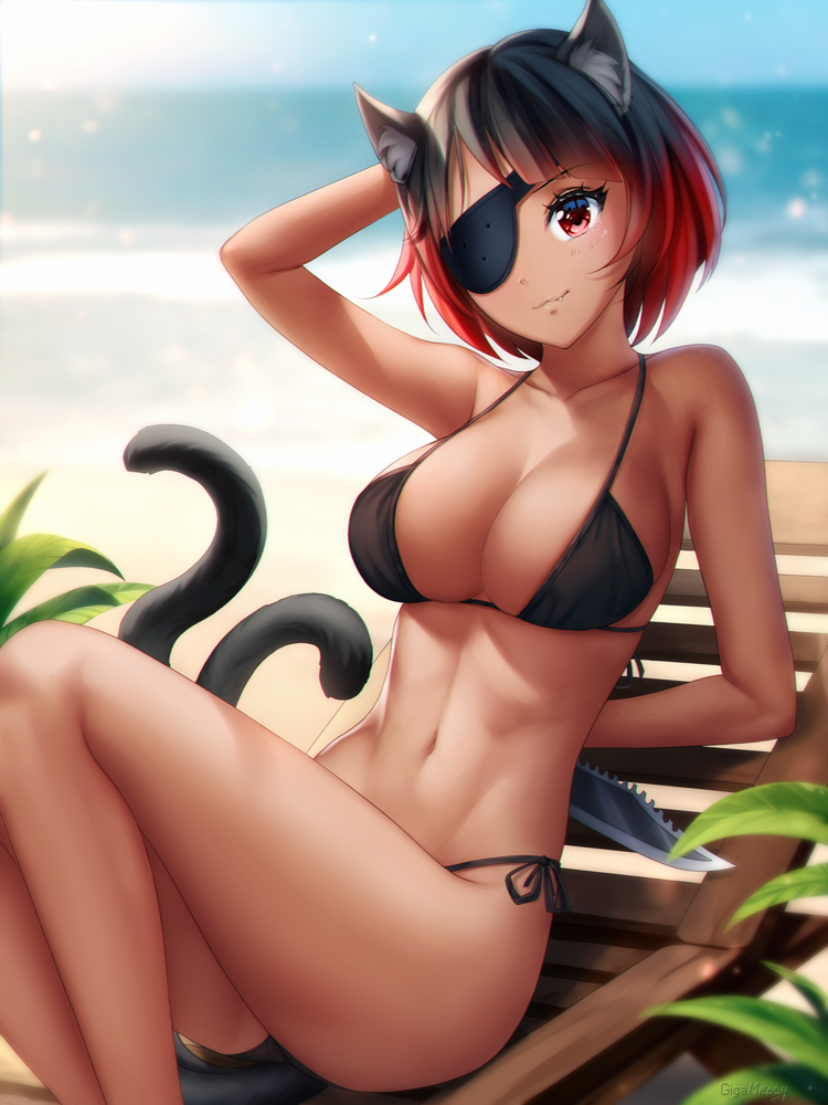 1girls bikini bikini_bottom bikini_top black_bikini black_bikini_bottom black_bikini_top cat_ears cat_tail catgirl eyepatch female female_human female_only female_solo gigamessy human human_cat humanoid_cat red_eyes short_hair solo solo_female