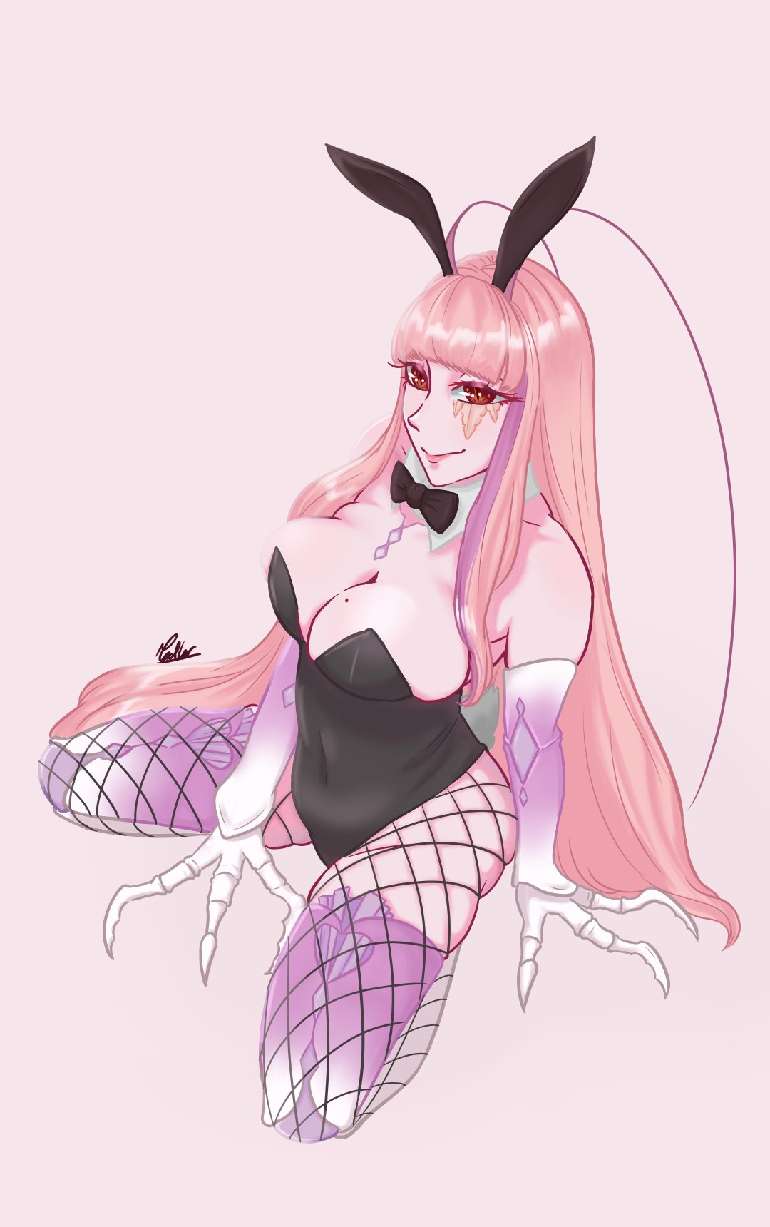 1girls 2020s 2024 animal_costume arthropod_girl breasts candace_volker cleavage female fishnet_thighhighs fishnets hi_res long_hair matara_kan mole mole_on_breast monster_girl on_floor pink_background pink_hair rabbit_costume rabbit_ears rabbit_tail red_eyes revealing_clothes simple_background smile solo thighhighs virtual_youtuber vshojo