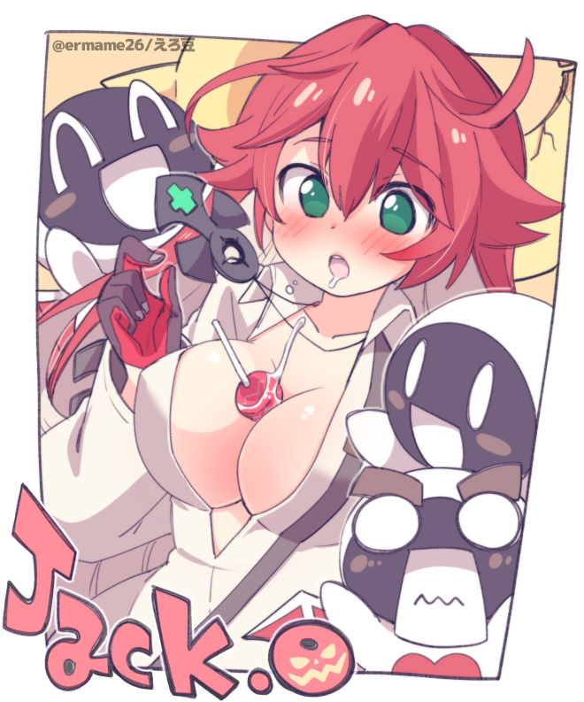 blush cross cute emerald_eyes ermame26 female female_focus green_eyes guilty_gear guilty_gear_strive jack-o'_valentine light-skinned_female light_skin lollipop pale-skinned_female pale_skin red_hair saliva saliva_trail