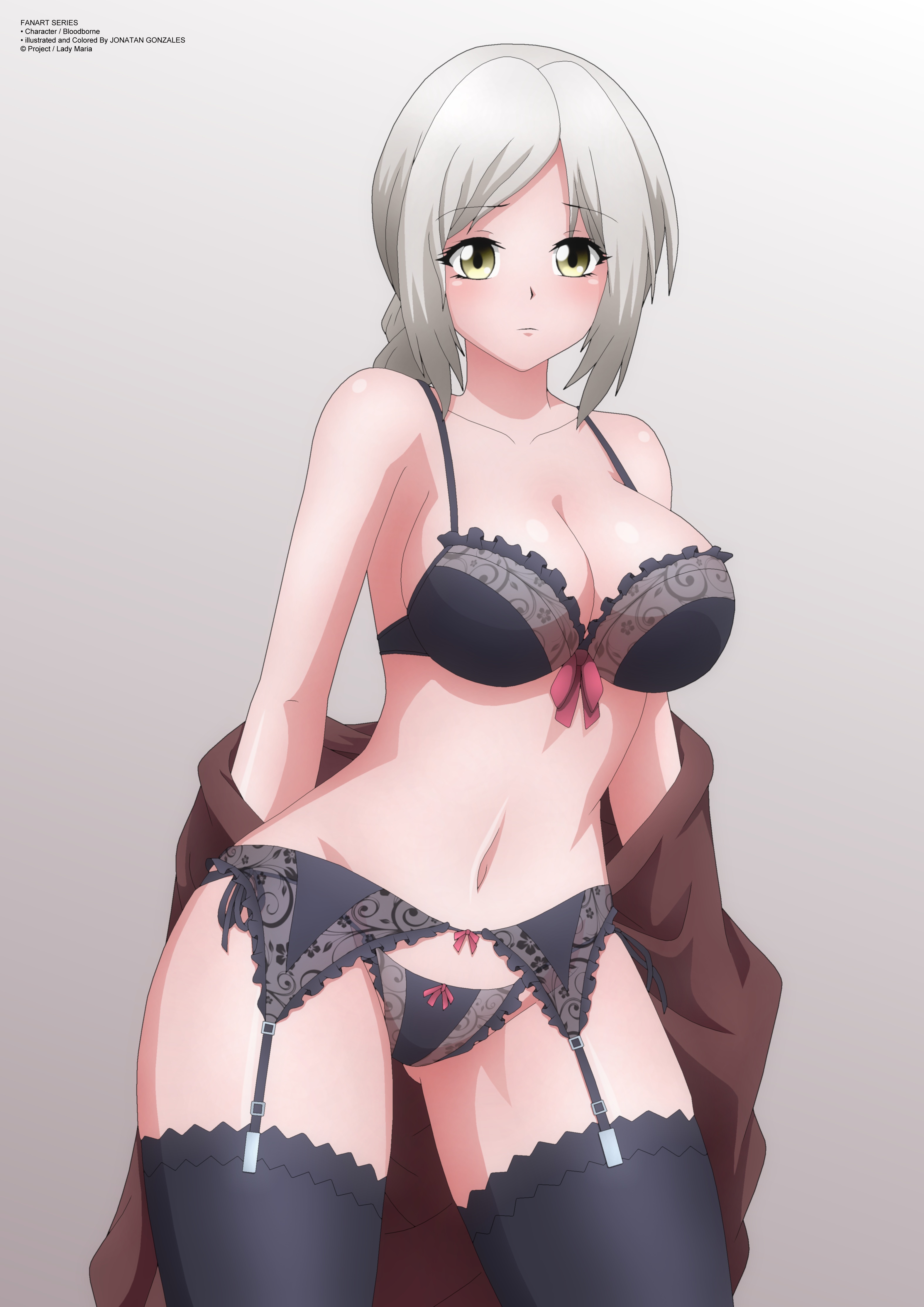 big breasts, black bra, black legwear, black panties, black thighhighs, bloodborne, bra, breasts, cleavage, female, female only, frills, fromsoftware, garter belt, garter straps, lace-trimmed bra, lace-trimmed garter belt, lace-trimmed lingerie, lace-trimmed panties, lady maria of the astral clocktower, lingerie, looking at viewer, panties, solo, stockings, thick thighs, underwear, white hair, white-haired female, wide hips, yellow eyes, yukino memories, zel-sama