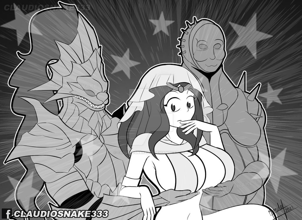 1girls 2boys armor big_breasts breast_hold claudiosnake333 cleavage dark_souls dragon_slayer_ornstein executioner_smough female fromsoftware goddess helmet holding_breasts huge_breasts male meme monochrome queen_of_sunlight_gwynevere servants_holding_aphrodite's_breasts_(meme) sideboob veil