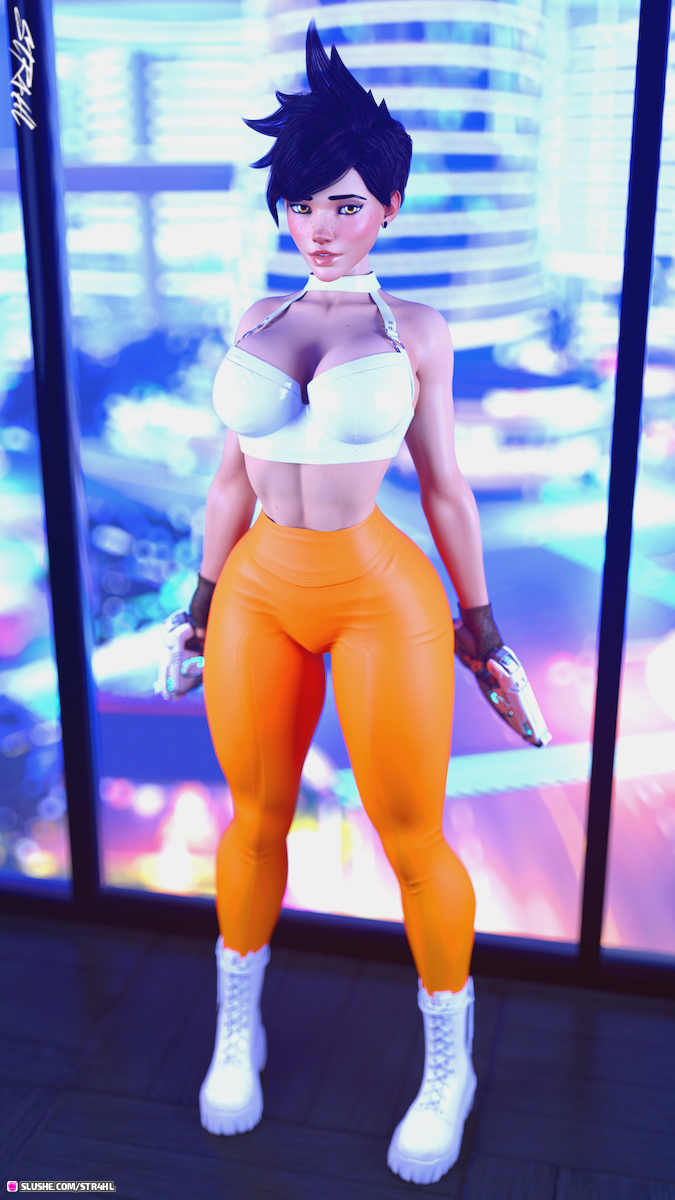 1girls 2022 3d abs alternate_version_available blizzard_entertainment clothed clothing depth_of_field fanart female female_only holding_gun holding_object holding_weapon indoors large_breasts looking_at_viewer overwatch slushe_(website) solo solo_female standing str4hl stylized tracer window