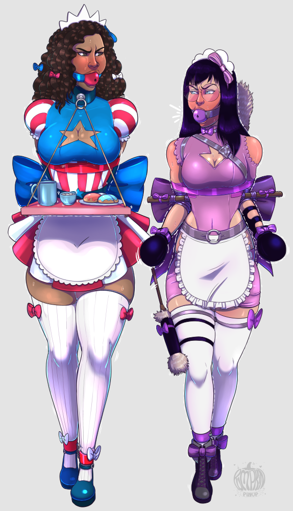 2girls america_chavez angry_face best_friends bondage dark-skinned_female dark_skin female_only gag hispanic humiliation kate_bishop latina maid maid_uniform marvel miss_america mouth_gag pumpkinpinup serving_tray stockings superheroine tagme young_avengers