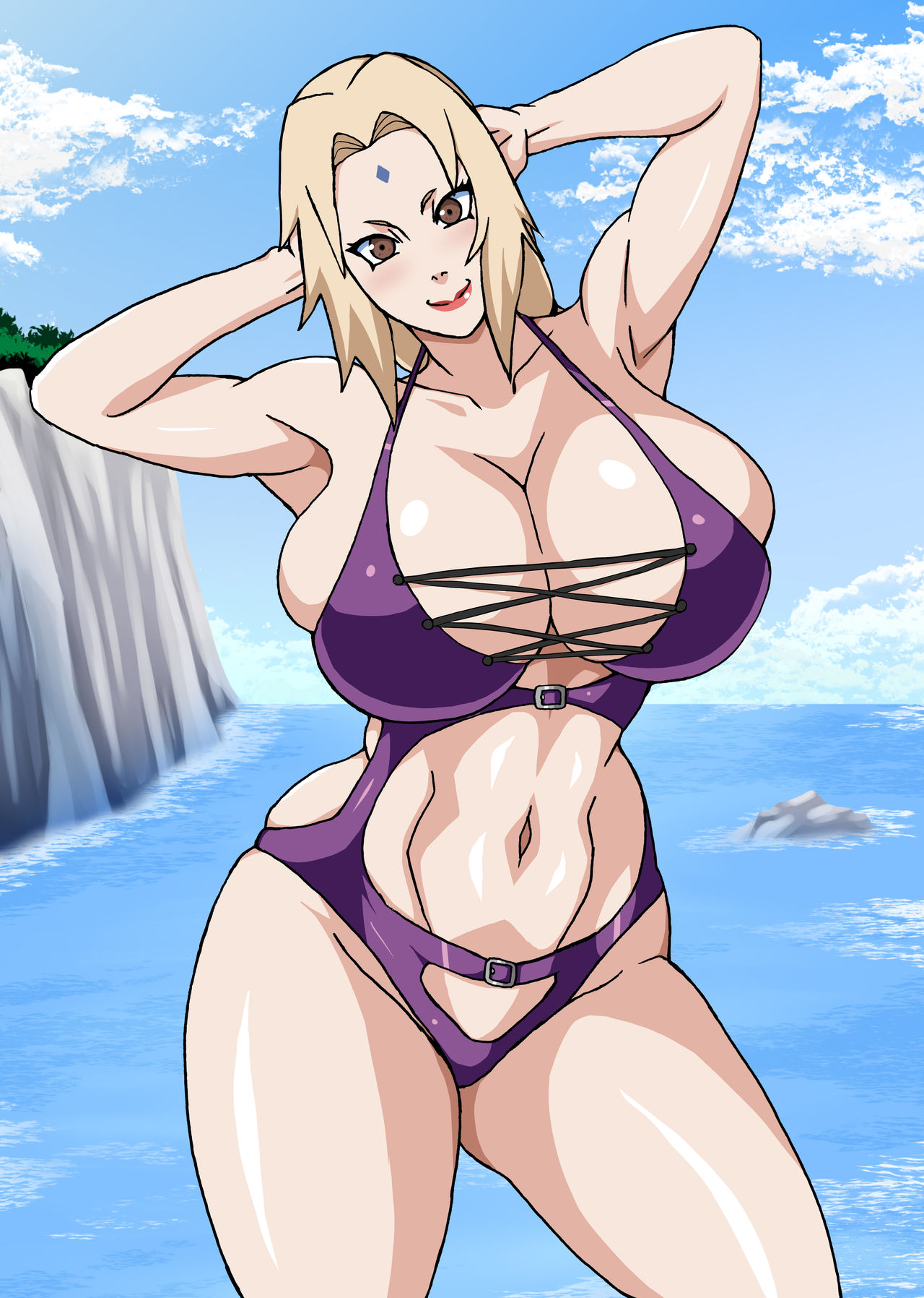 armpits, arms behind head, big breasts, bikini, blonde hair, breasts, busty, cleavage, female, female only, huge breasts, mature, mature female, naruho, naruto, naruto (series), naruto shippuden, one-piece swimsuit, outdoors, posing, solo, solo focus, swimsuit, tsunade, voluptuous