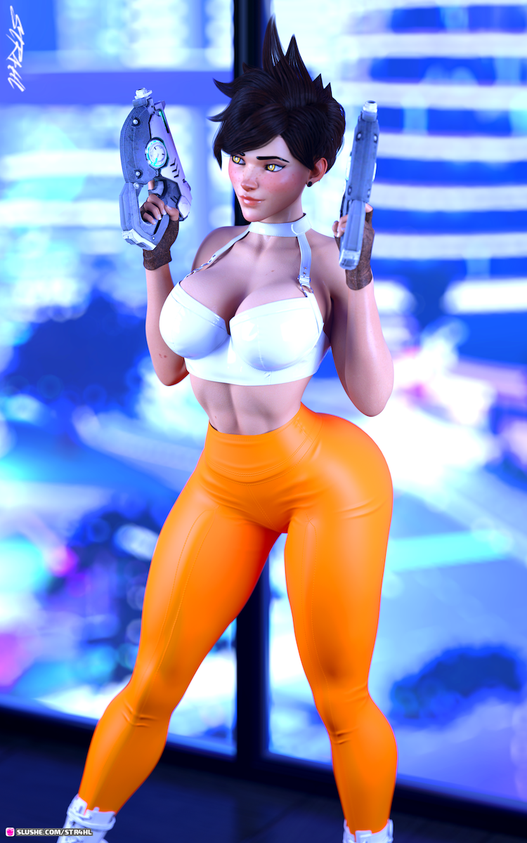 1girls 2022 3d abs alternate_version_available blizzard_entertainment clothed clothing depth_of_field fanart female female_only holding_gun holding_object holding_weapon indoors large_breasts overwatch slushe_(website) solo solo_female standing str4hl stylized tracer window