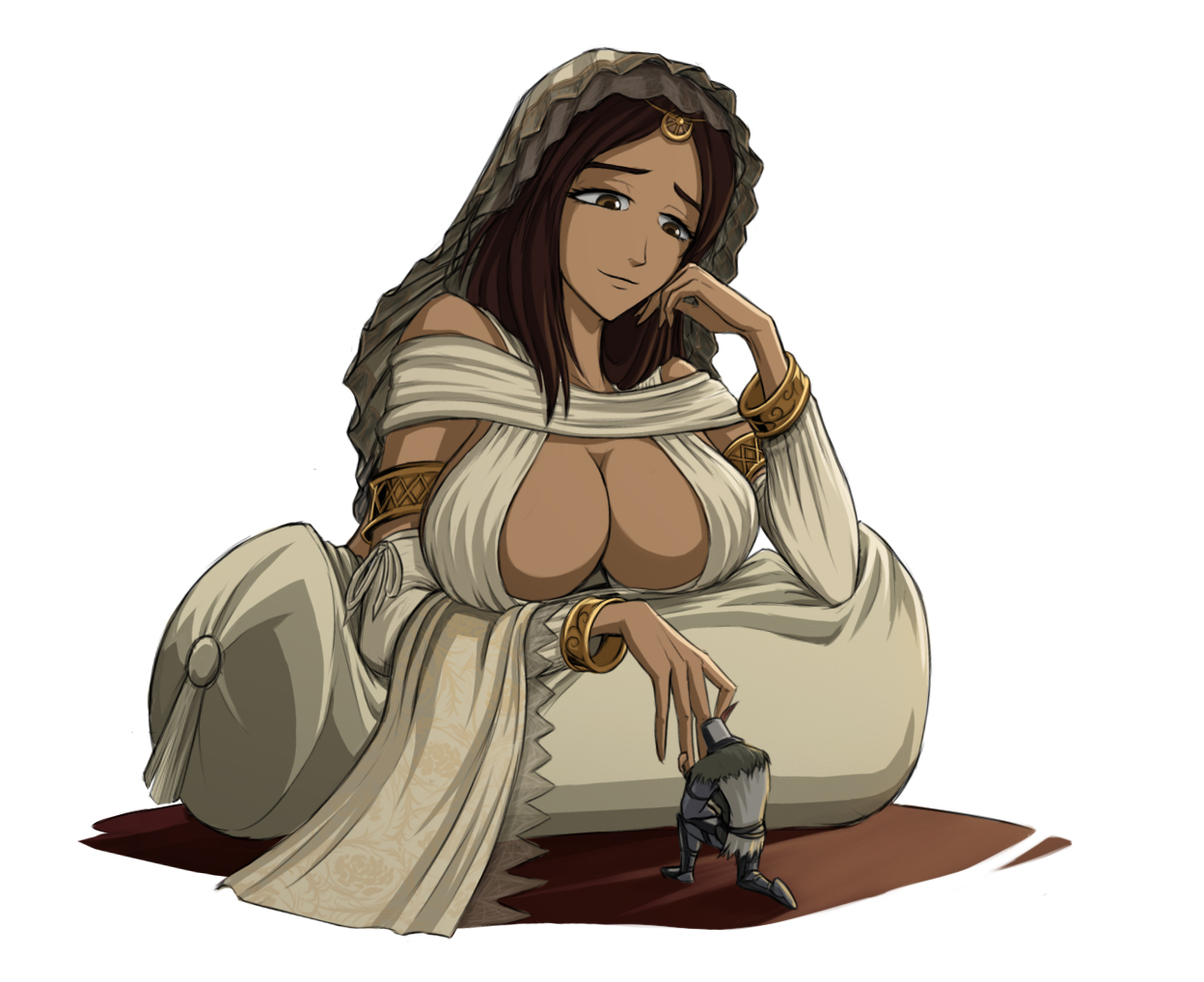 1boy, 1girls, alvthric, big breasts, breast rest, breasts, brown eyes, brown hair, circlet, cleavage, dark souls, detached sleeves, female, female focus, fromsoftware, giantess, goddess, gold (metal), jewelry, larger female, male, queen of sunlight gwynevere, size difference, smaller male, solaire of astora, tiara, veil, worship