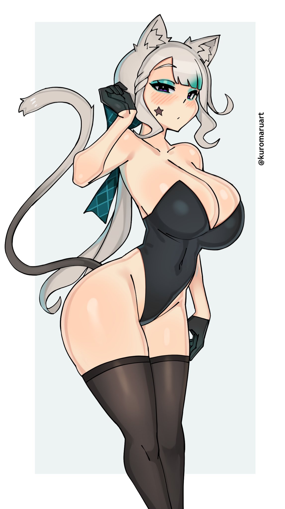 1girls 2023 big_breasts blush cat_ears cat_tail catgirl female female_only genshin_impact gloves hi_res kuromaruart leotard long_hair looking_at_viewer lynette_(genshin_impact) narrowed_eyes solo stockings tail white_hair