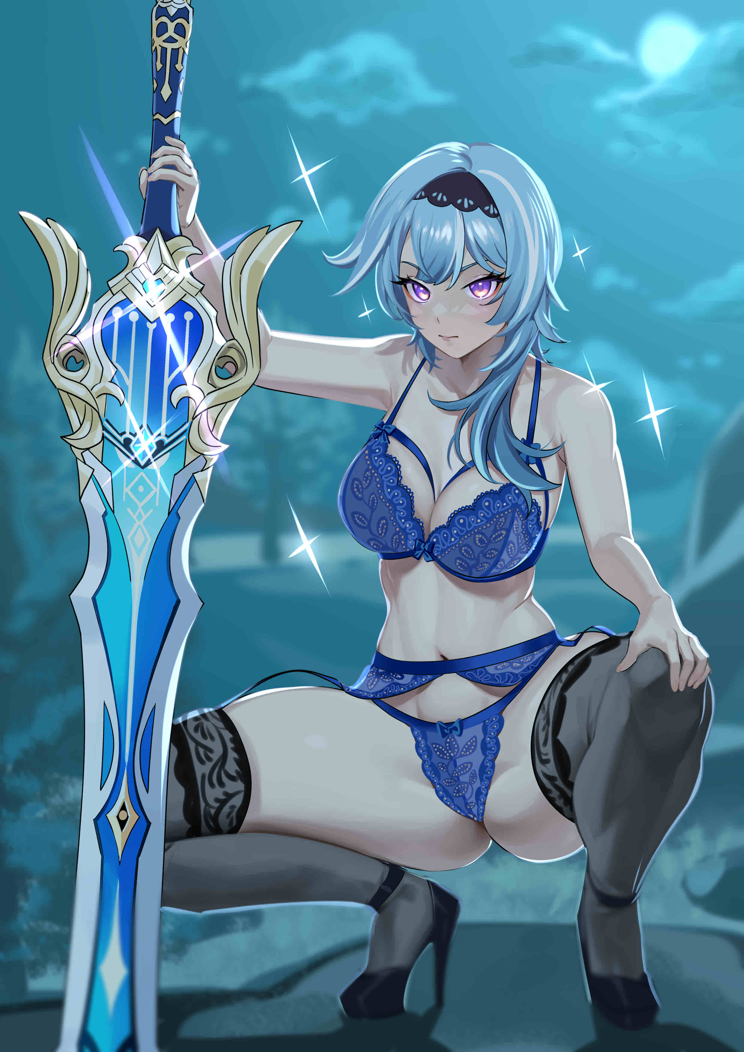 blue hair, color, eula (genshin impact), female, footwear, genshin impact, legwear, light skin, light-skinned female, lingerie, mihoyo, nia (nia4294), shoes, squatting, thighs, weapon