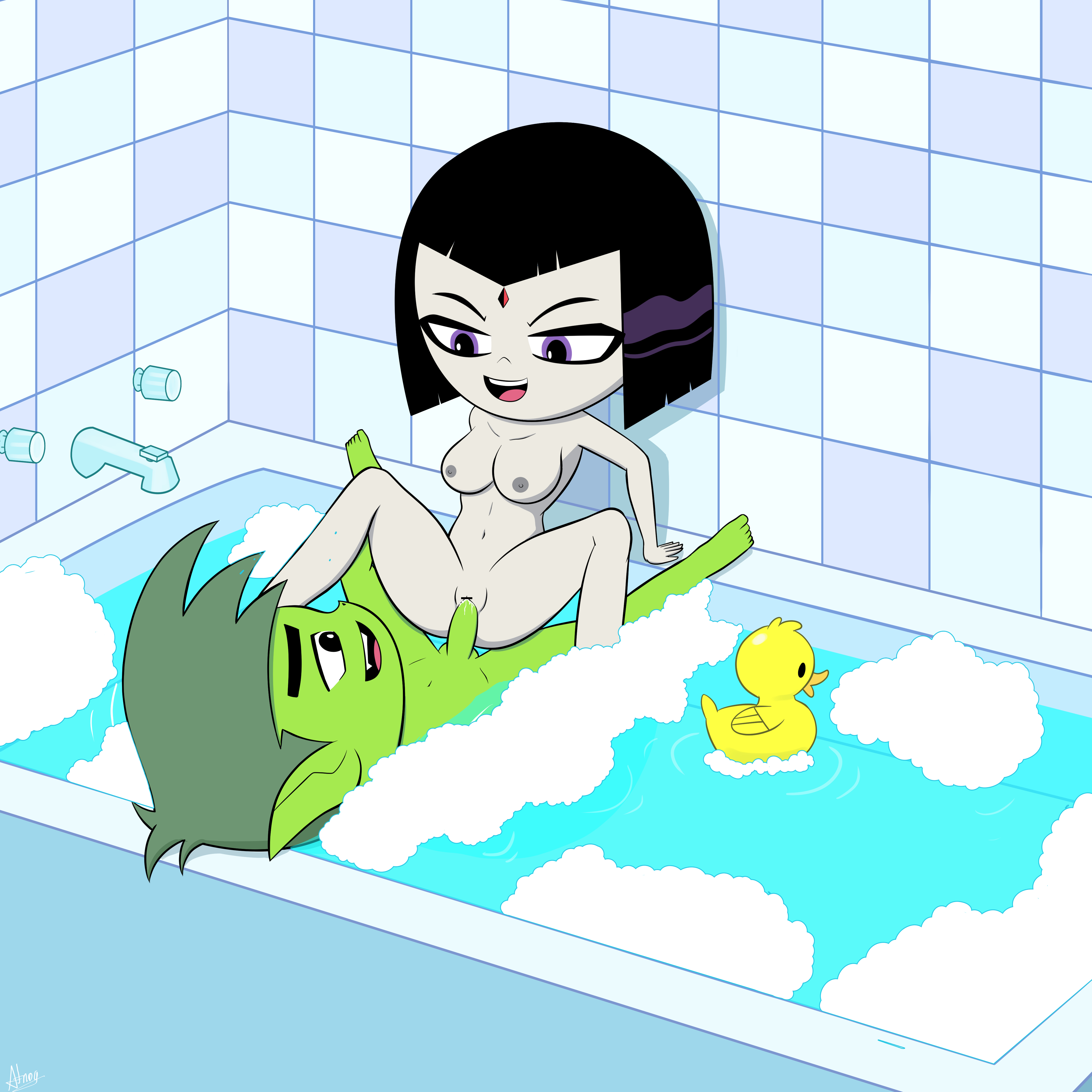 1boy, 1girls, atnog, balls, bar censor, barefoot, bath, bathroom, bathroom sex, bathtub, beast boy, big penis, black hair, breasts, canon couple, cartoon network, censored, censored pussy, completely nude, cum, cum in pussy, cum inside, dc, dc comics, demon, demon girl, feet, female, female on top, female penetrated, foam, forehead gem, forehead jewel, garfield logan, green body, green hair, green penis, green skin, grey body, grey skin, half demon, light skin, light-skinned female, looking at another, looking pleasured, male, male penetrating, male penetrating female, male/female, metahuman, navel, nipples, nude, nude female, nude male, pale skin, pale-skinned female, penetration, penis, pointy ears, purple eyes, pussy, rachel roth, raven (dc), rubber duck, sharp teeth, short hair, smile, smiling at another, soles, spiky hair, spread legs, spreading, straight, superhero, superheroine, teen titans, teen titans go, toes, water