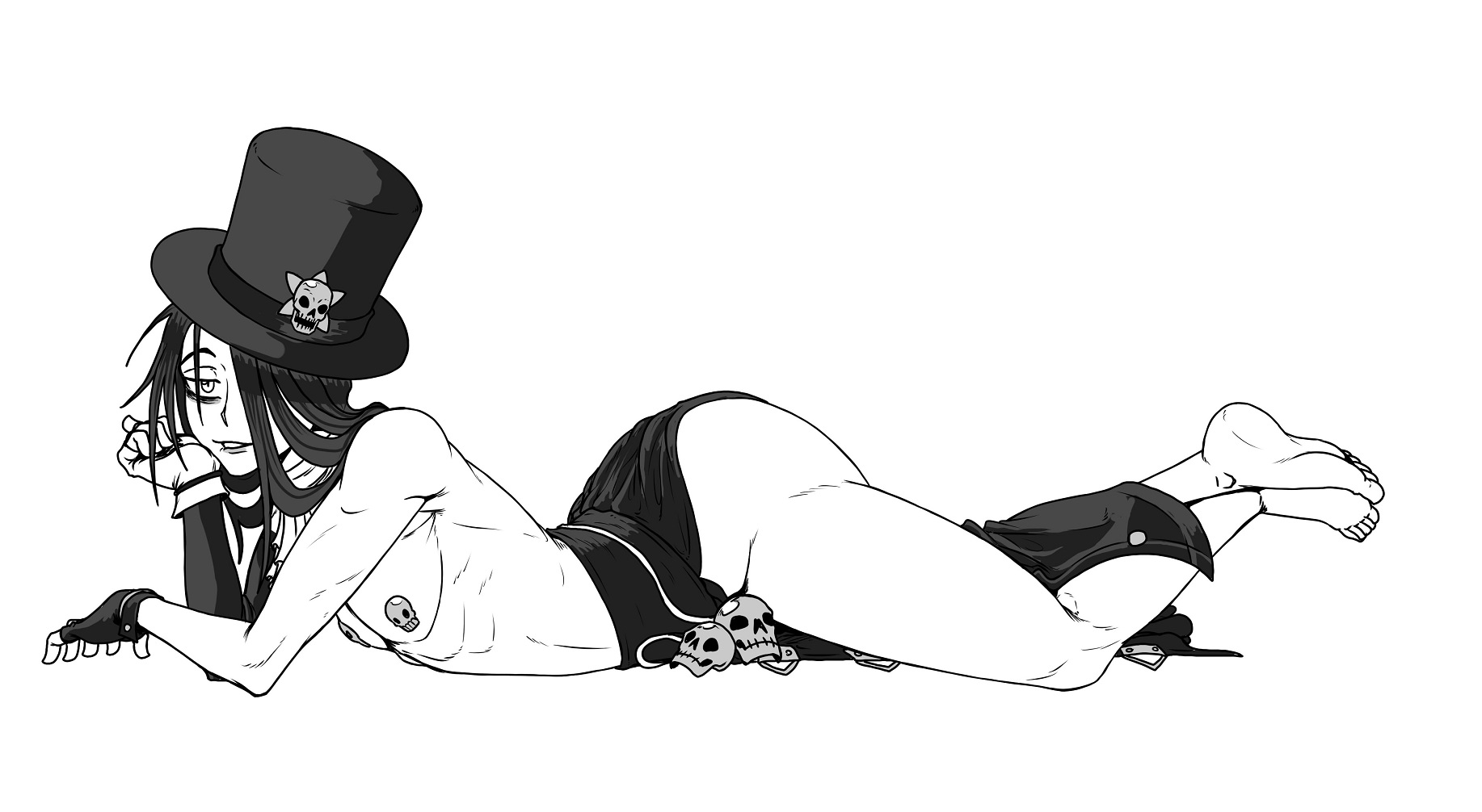 1boy, 2022, androgynous, arched back, ascot, ass, bags under eyes, black hair, bubble ass, bubble butt, detached sleeves, digital media (artwork), fingerless gloves, guilty gear, hair over one eye, kiahl, lip biting, lobsterkiahl, loincloth only, long hair, male, pasties, posing, shirtless, skulls, solo, solo male, testament (guilty gear), thick thighs, tophat, white background