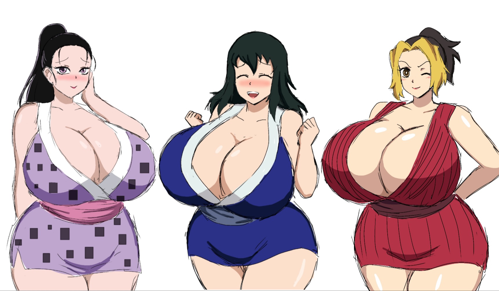 2d, 2d (artwork), 3girls, alternate body type, alternate breast size, alternate thigh size, big breasts, black hair, blonde hair, breasts, cleavage, closed eyes, demon slayer, digital drawing (artwork), digital media (artwork), enormous breasts, female, female only, gigantic breasts, hand on hip, hinatsuru (kimetsu no yaiba), huge breasts, japanese, japanese clothes, japanese female, kimetsu no yaiba, long hair, looking at viewer, makio (kimetsu no yaiba), momiji (artist), ponytail, robe, short dress, sleeveless, smile, suma (kimetsu no yaiba), the wives (kimetsu no yaiba), top heavy, two-tone hair, venus body, wide hips, wife, wife and wife, wink, wives