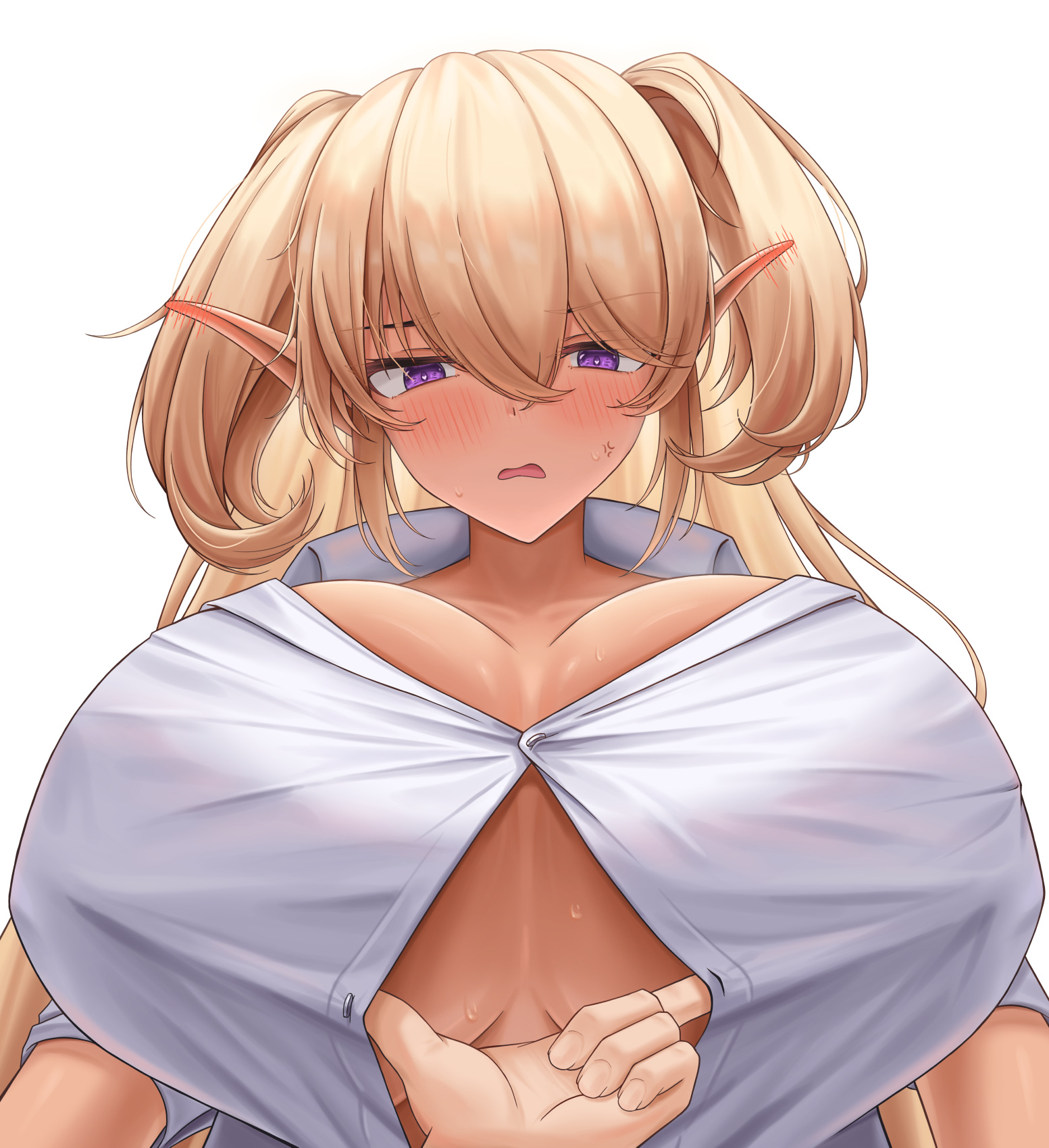 1boy, 1girls, anger vein, assisted exposure, blonde hair, blush, breasts, button gap, cleavage, dark elven forest ranger, elf, elf ears, female, frown, hair between eyes, heart, heart-shaped pupils, highres, huge breasts, last origin, lazb., light skin, light-skinned male, long hair, male, no bra, open mouth, pointy ears, pov, pov hands, purple eyes, shirt, short twintails, simple background, solo focus, sweat, symbol-shaped pupils, tan skin, tan-skinned female, twintails, very long hair, white background, white shirt