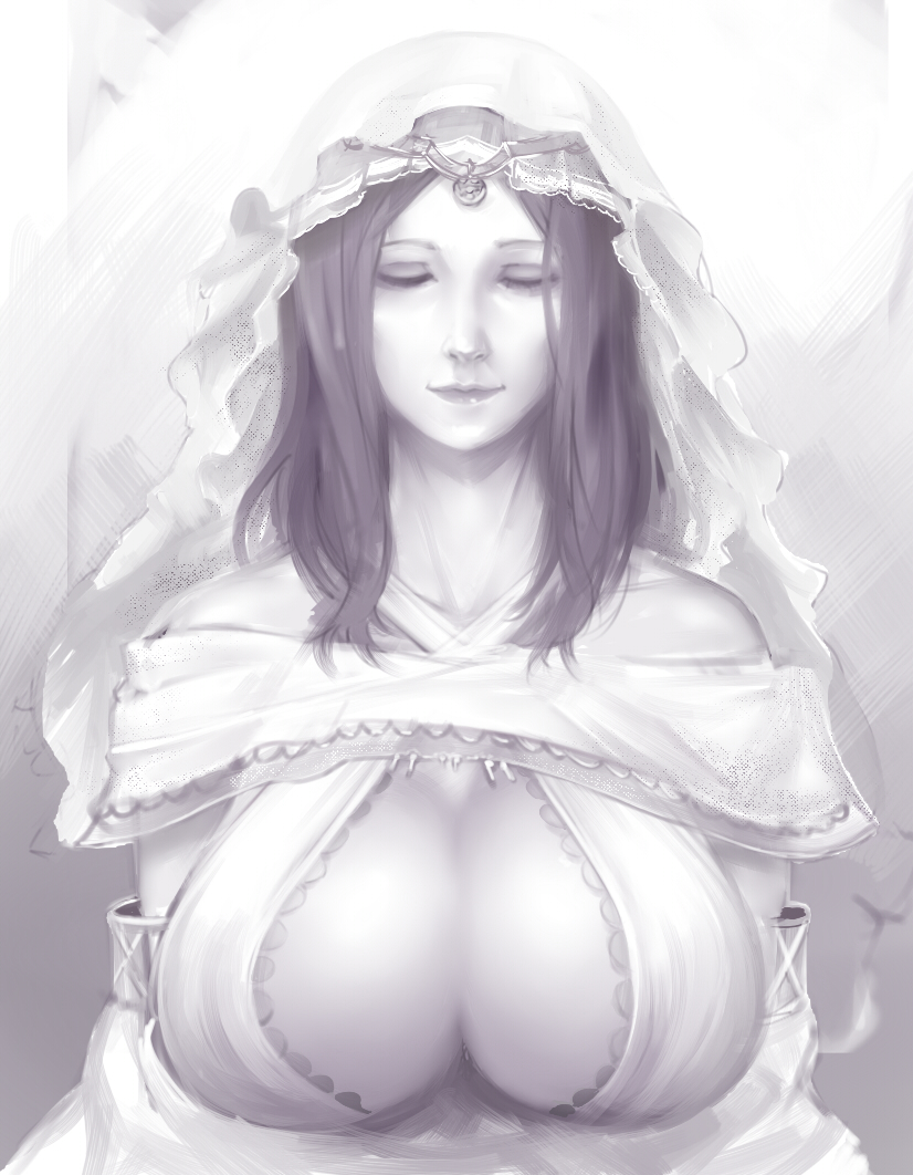 big breasts, breasts, cleavage, closed eyes, dark souls, detached sleeves, female, female only, fromsoftware, goddess, greyscale, huge breasts, lace trim, materclaws, monochrome, queen of sunlight gwynevere, sketch, smile, solo, upper body, veil
